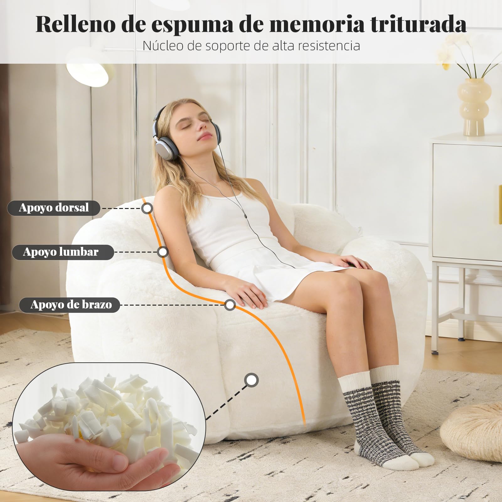 Puf para Adultos con Relleno, Puff con Forma de petaleno, Bolso Grande de Piel sintética, cómodo sillón, Espuma de Alta Densidad, Dormitorio, Sala de Estar (Crema)