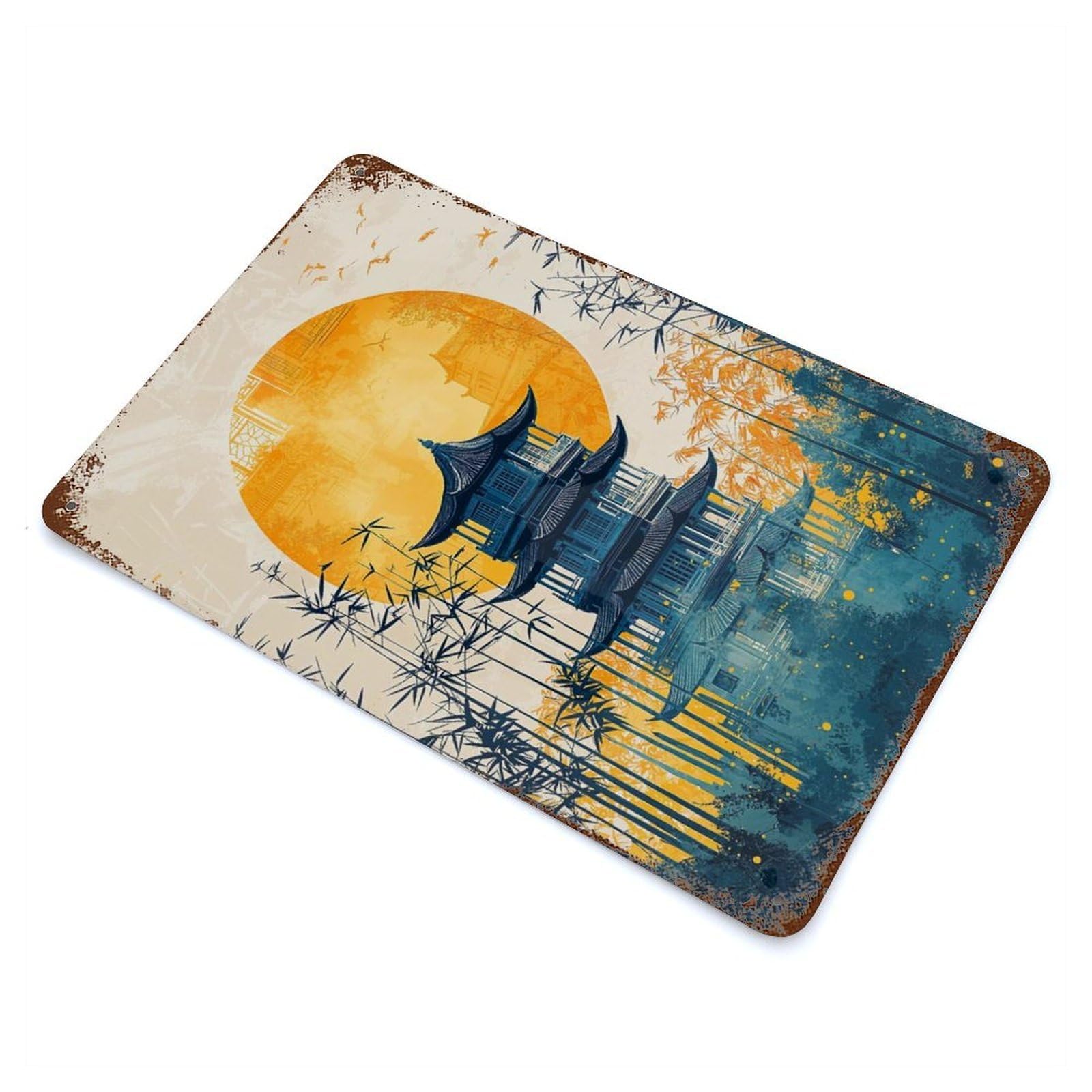 Japanese Pagoda Sunset Rusty Metal Tin Sign 11.8"x7.9", Farmhouse Wall Decor for Farmhouse, Kitchen And Entryway Decor