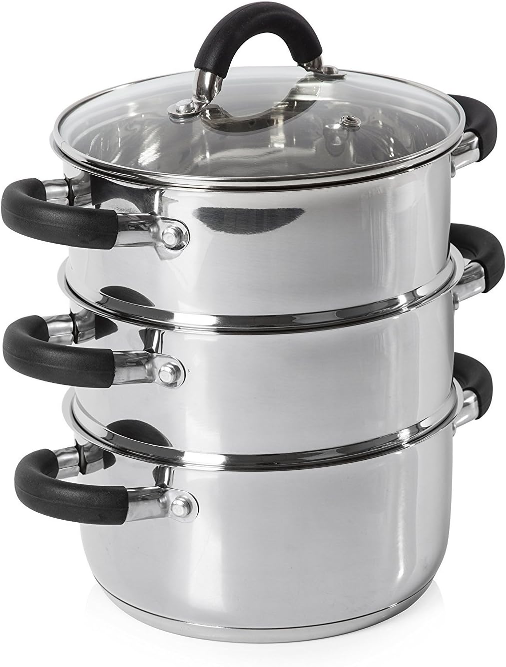 Tower T80836 3-Tier Induction Steamer, fully assembled with glass lid and silicone handles.