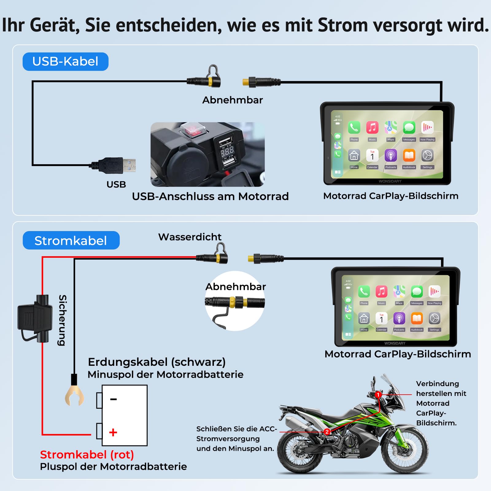 W722TPMS 7 Zoll Motorrad CarPlay Display mit TPMS & Android Auto | Motorrad Navi Display mit IP67 Wasserdichtes ,Dual Bluetooth, Sprachsteuerung, EQ，USB & ACC Anschluss für Motorrad Reisen