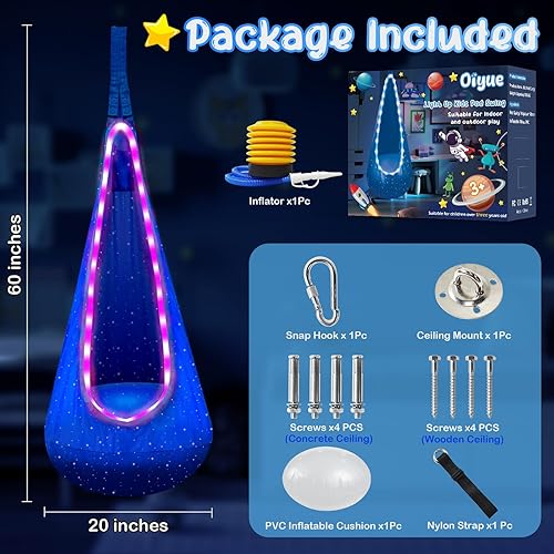 Miniatura 5 de Asiento de columpio para niños, hamaca colgante para niños con luces LED y almohada inflable, columpio sensorial para niños en interiores y