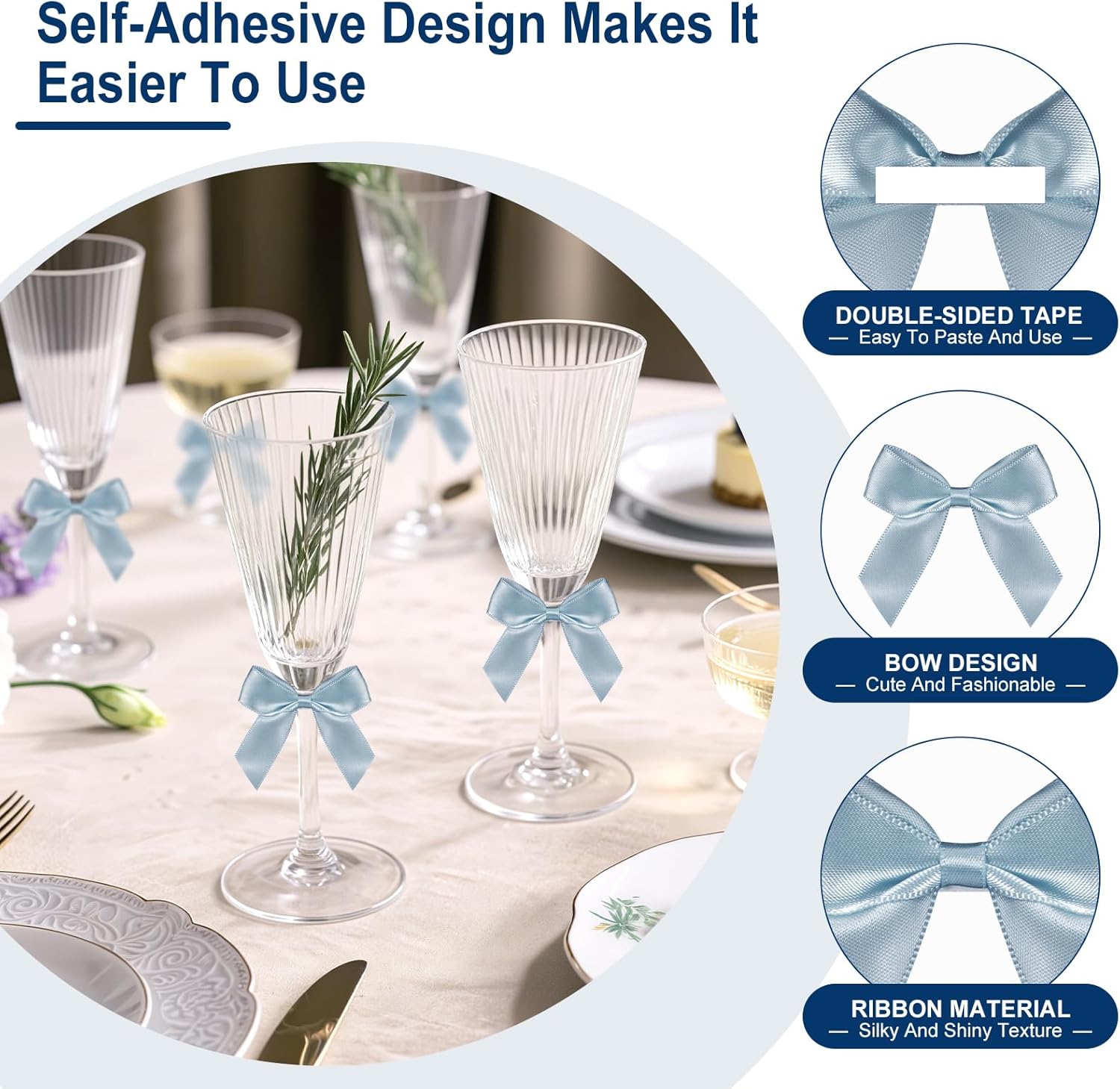 Satin Ribbon Dusty Blue Bow Decor 2" Self Adhesive Premade Bows for Gift Wrapping Dusty Blue Mini Bow for Treat Bags Party Favors Wedding Decorations - 50 Counts - Image 3