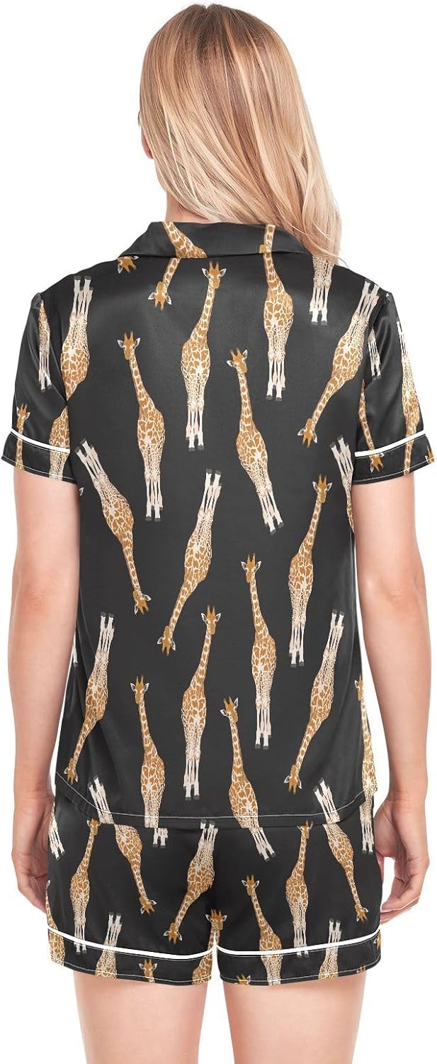 Meouocoe Womens Satin Silk Giraffe Pajamas Set Short Sleeve Button Down Sleepwear 2 Piece Pjs Set - Image 3