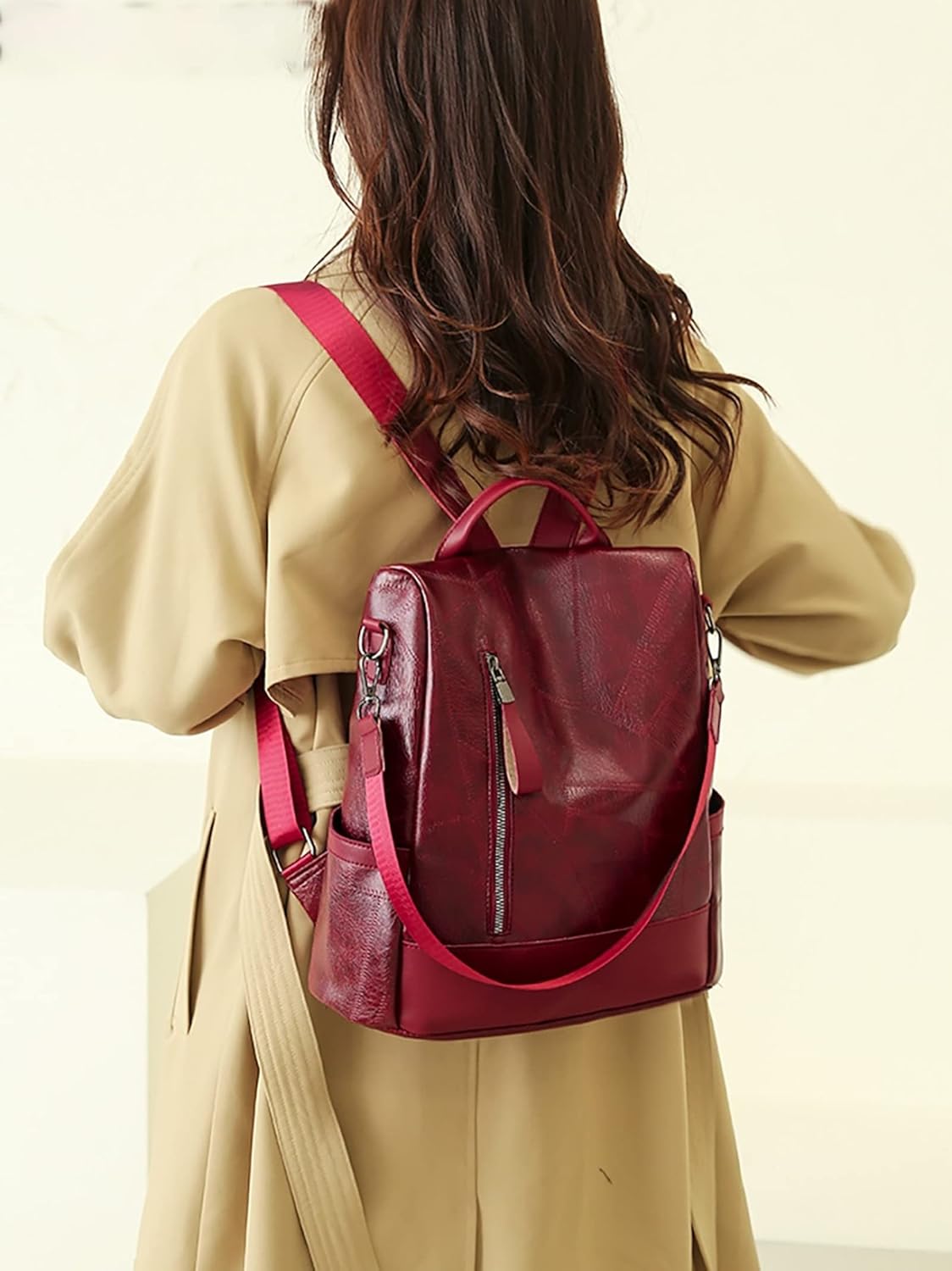 Women Backpack Designer Soft Leather Simple Fashion Backpack Large Capacity Antitheft Shoulder Bags (15 Inches,red)