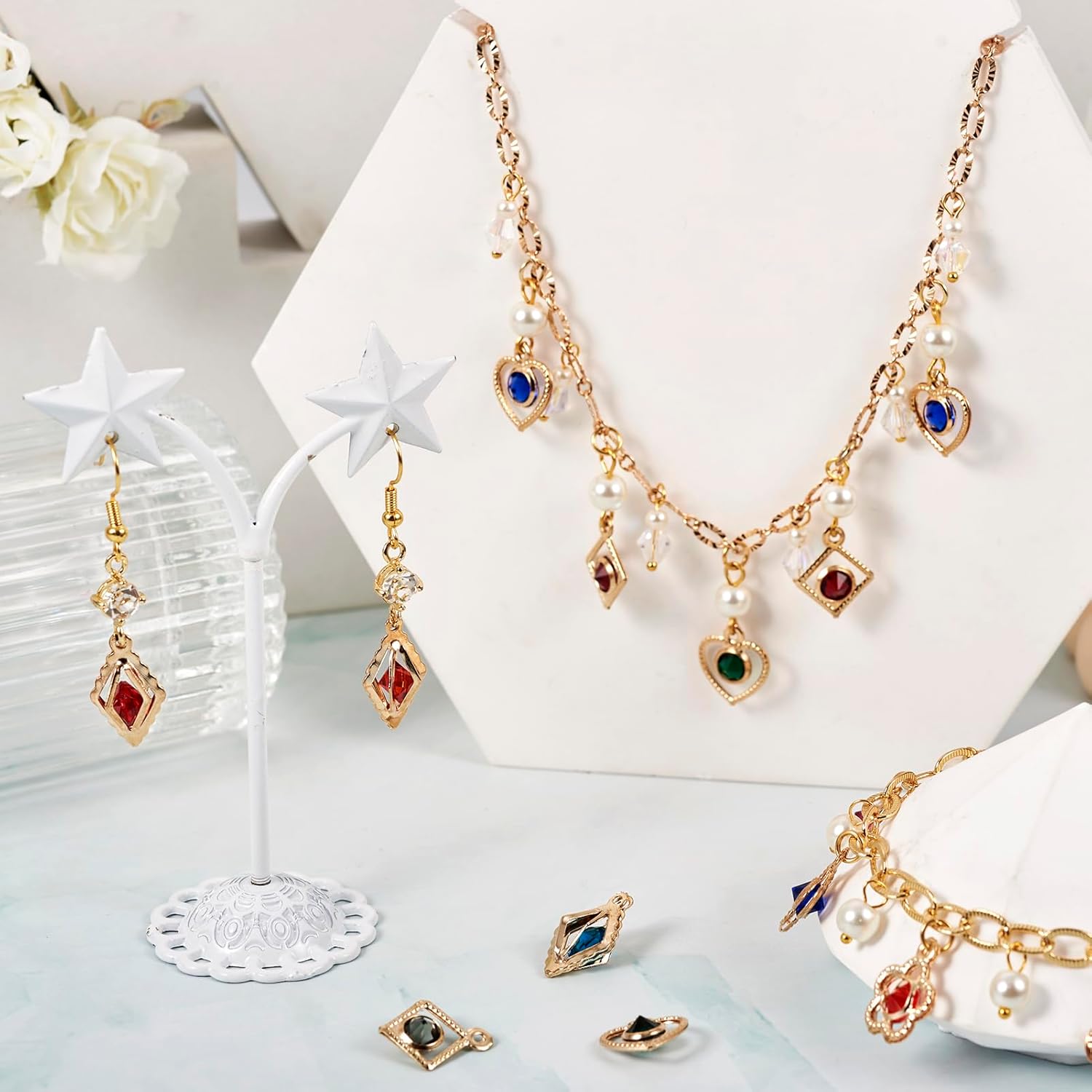 KISSITTY 100pcs Rhinestone Charms for Jewelry Making Heart Rhombus Flower Round Shape Light Gold Color Hollow Pendants Dangles for Women Necklaces Earrings Bracelets - Image 3