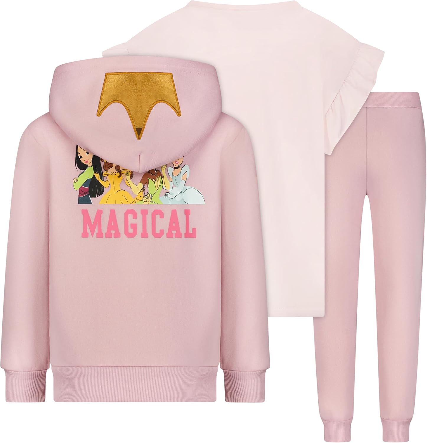 Disney Princess Cinderella, Belle, Tiana and Mulan Girls Hoodie, T-Shirt and Pant Set for Toddlers and Big Kids - Image 8