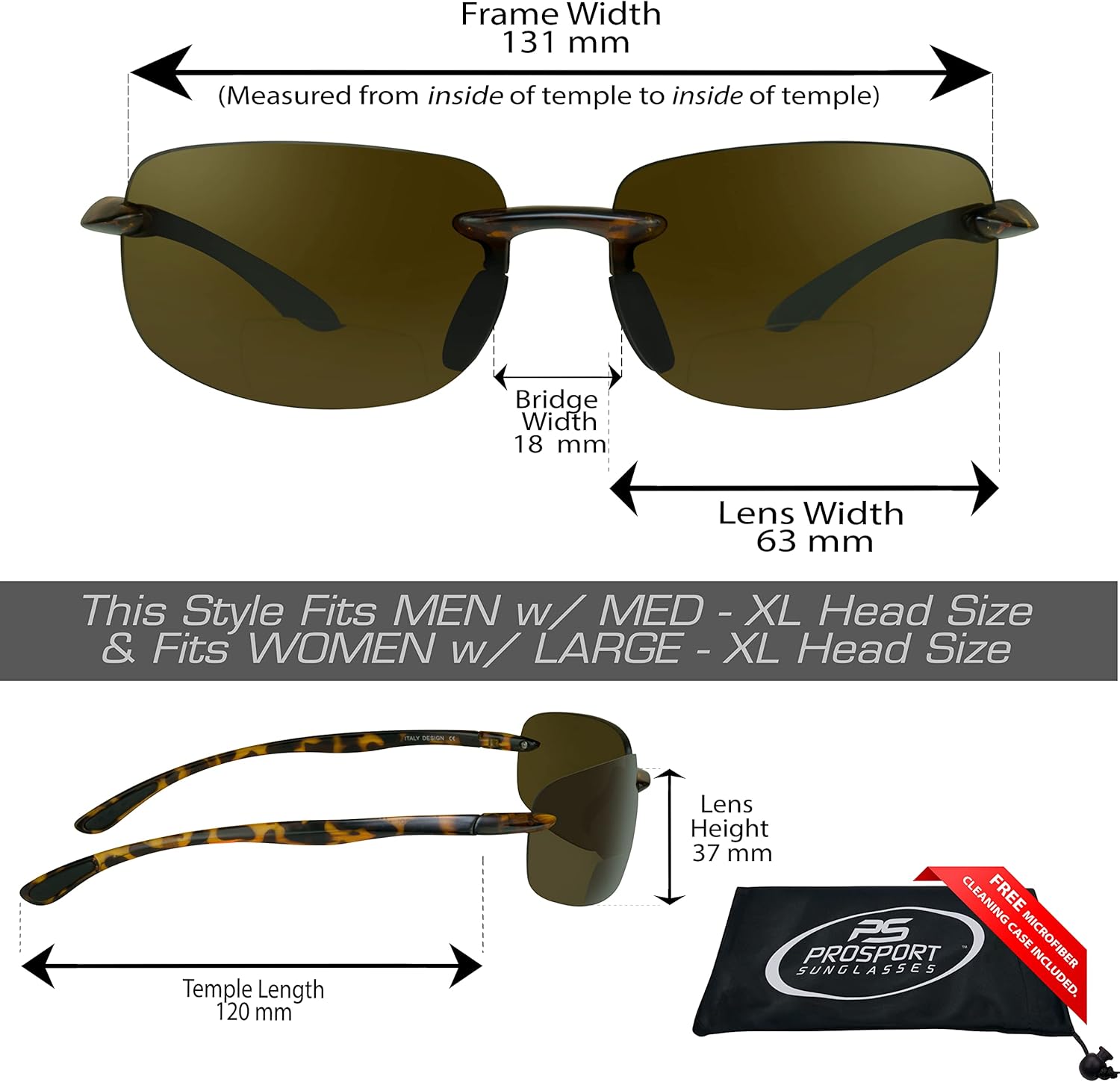 proSPORT Polarized Bifocal Reading Sunglasses for Men Women Rimless Sport Sunglass Readers Lightweight UV Protection Durable