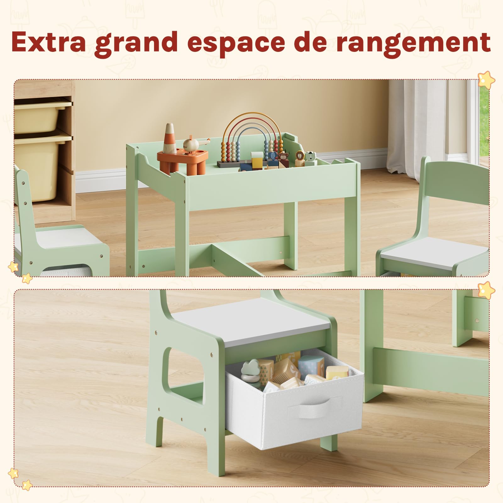 WOLTU Table et 2 Chaises pour Enfants, Mobilier pour Crèche avec Rangement, Plateau de Table Réversible,pour Enfants Plus de 2 Ans, en Bois MDF, Vert et Blanc