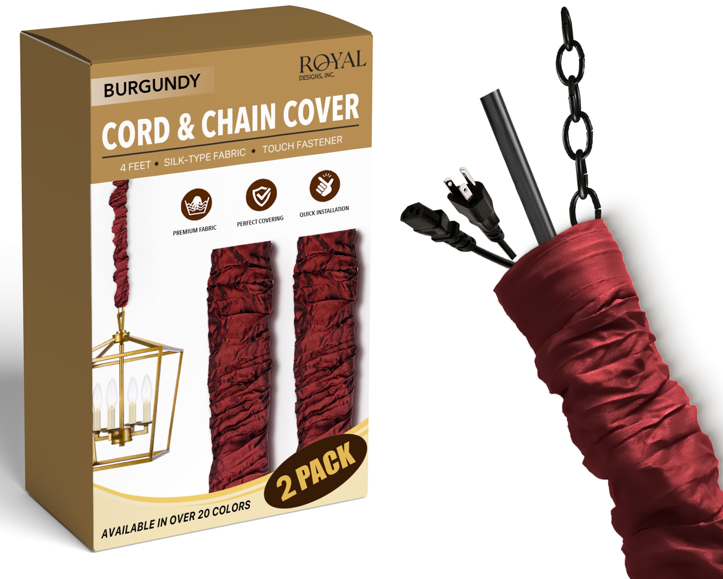 Royal Designs, Inc. Cord &amp; Chain Cover 4 ft Silk Type Fabric, Chandelier Pendant Lighting Chain &amp; Cable Management, Touch Fastener, Burgundy - 2 Pack