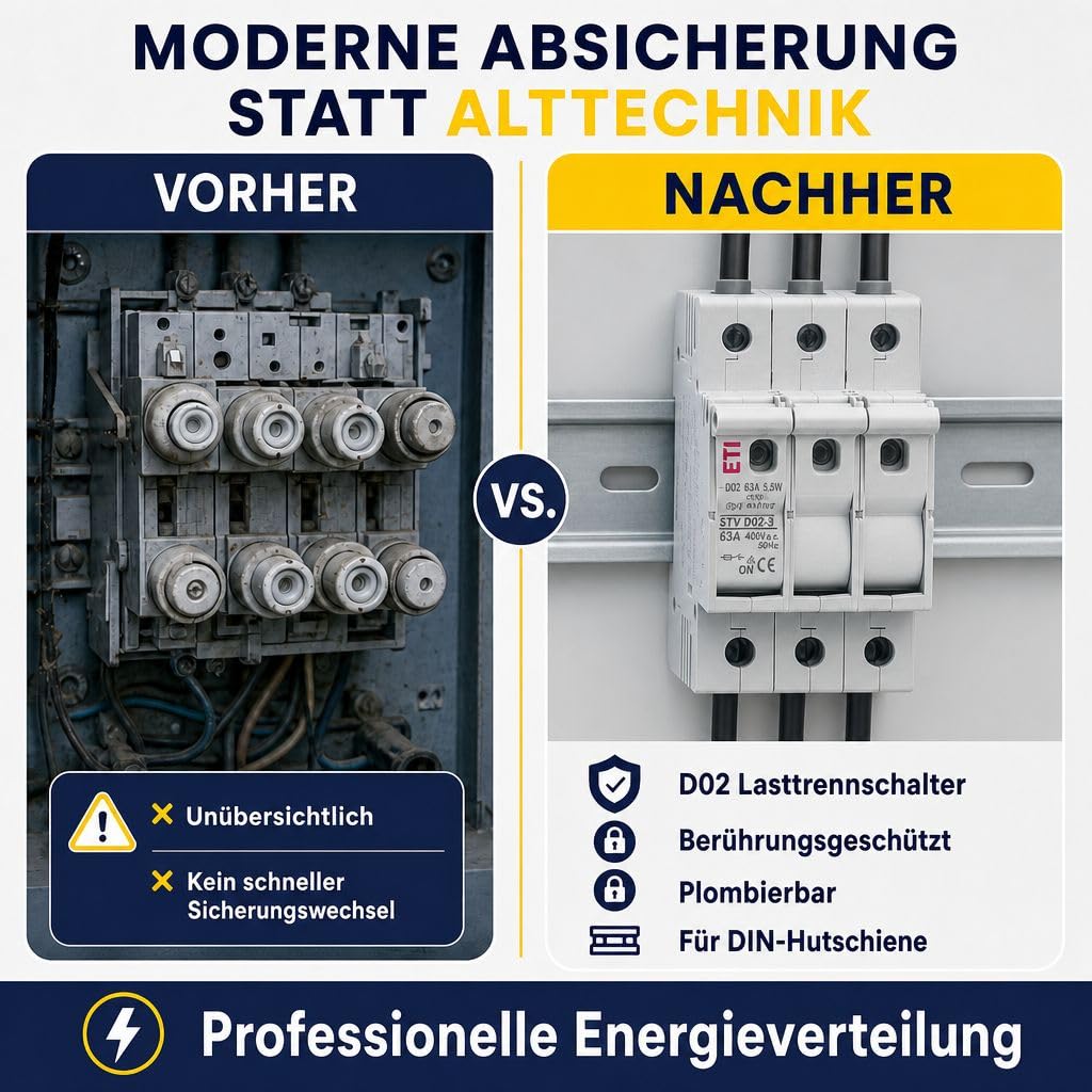 grenda-hammer® | Neozed Lasttrennschalter Set D02-3-polig Set mit Sicherungen und Passhülsen (Lasttrenner Set 3x35 Ampère)