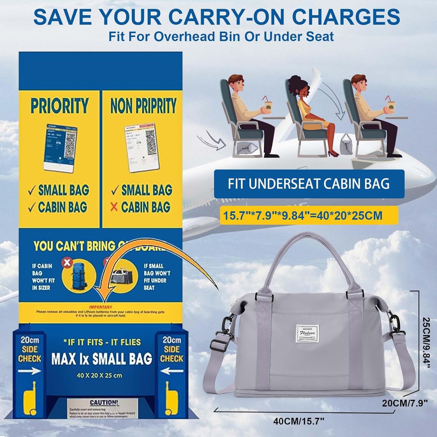 Spirit Airlines Personal Item Bag 18x14x8 Foldie Travel Duffel Bag Expandable Gym Sport Tote Foldable Waterproof Weekender Carry On Overnight Luggage Weekend Bags Airplanes Women Eessentials,Grey - Image 3