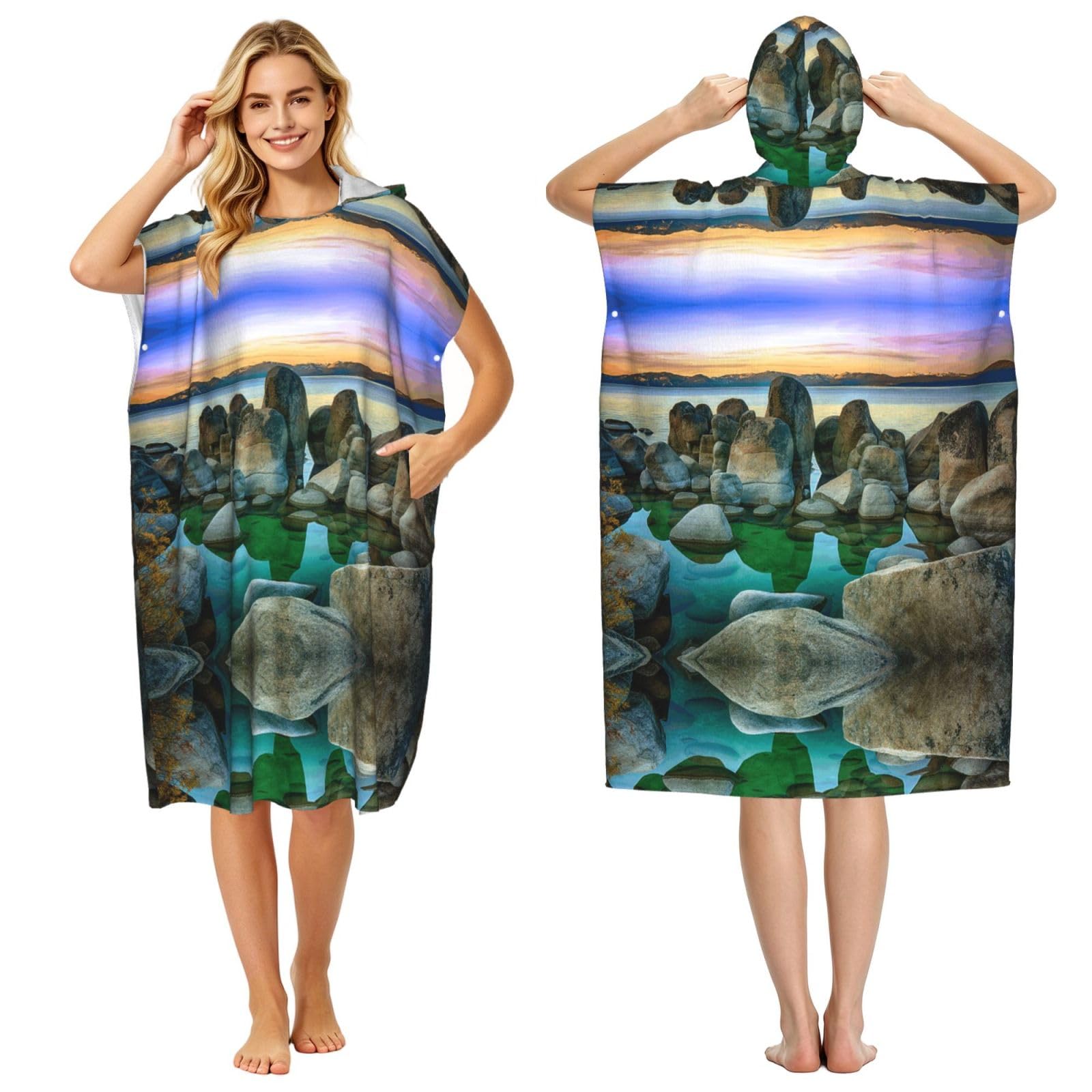 EZDLOWVBA Mountain And Lake Print Hooded Poncho Microfiber Beach Towel,Adult Women & Men Changing Robe,Lightweight Summer Surf Swim Bath Poncho Towel