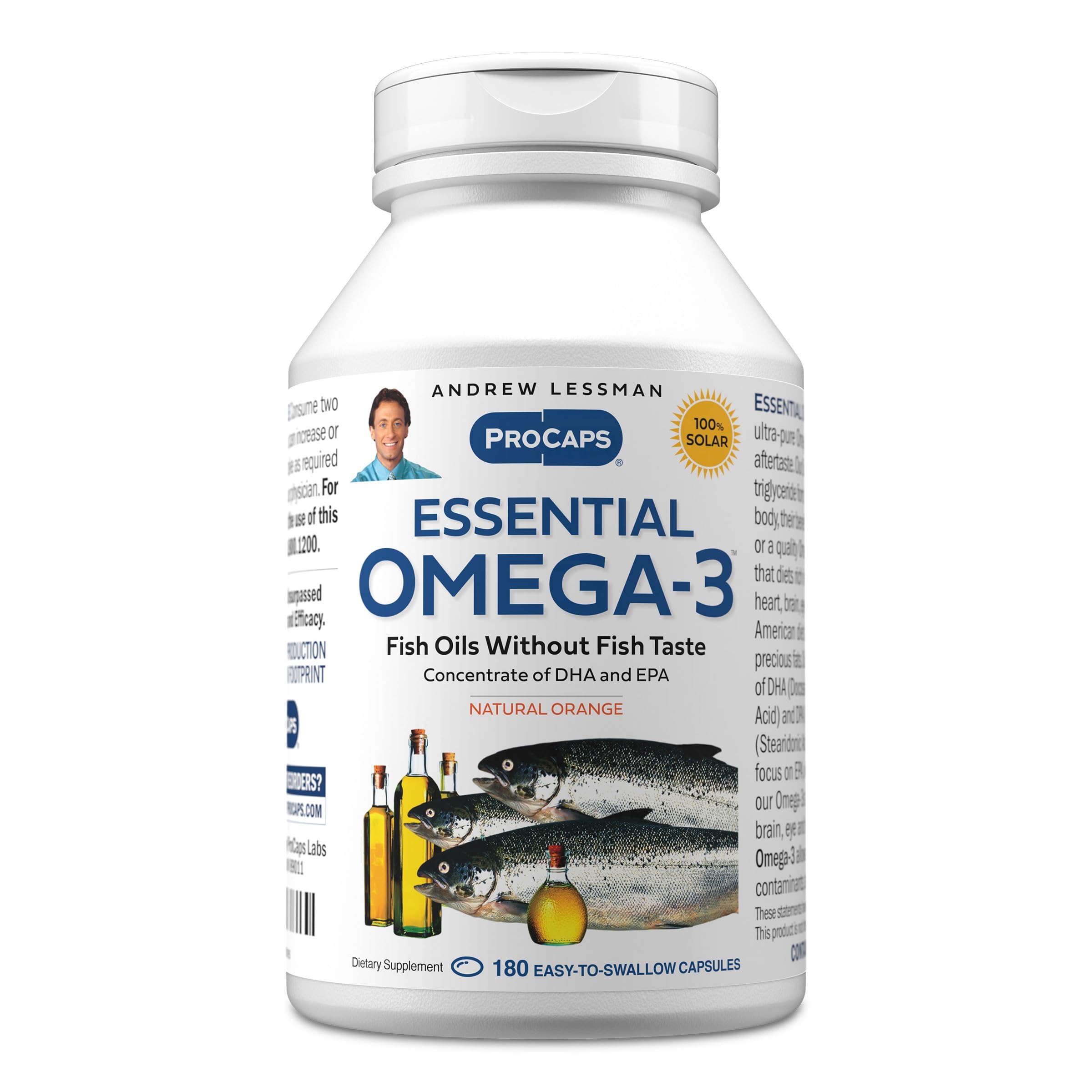 Essential Omega-3 Orange - 180 Softgels - Ultra-Pure, High Potency Omega-3 Oils. High DHA, No Stomach Upset, No Contaminants, No Mercury. Small Easy to Swallow Softgels