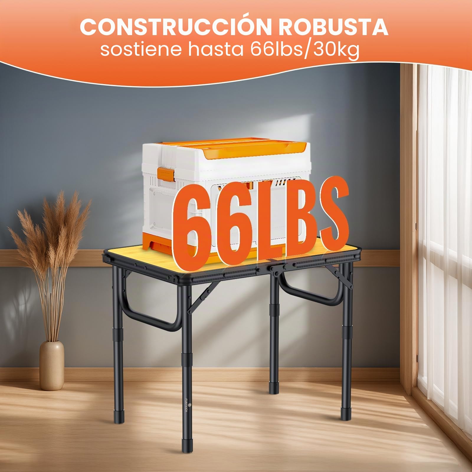 FUNYKICH Mesa de Camping Plegable 58 x 40 cm, Mesa Plegable Camping Portátil de Aluminio con 3 Alturas Ajustables (26/48/70 cm), Panel de MDF, para Picnic, Camping y Barbacoa, Ligero y Estable