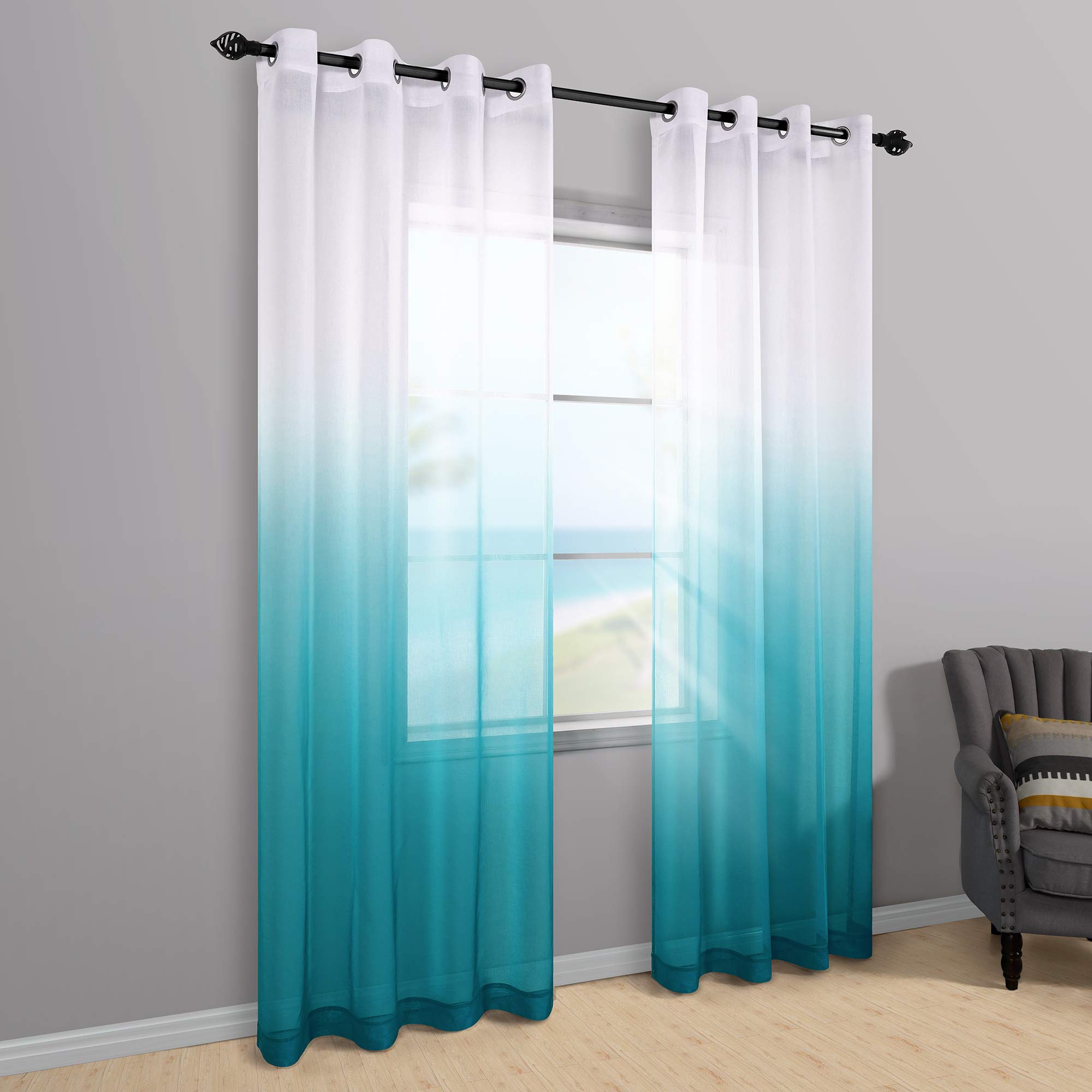 KOUFALL Lot de 2 voilages à œillets pour Chambre à Coucher, Salon, Salle à Manger, 132,1 x 213,4 cm, Motif ombré Bleu Marine/Bleu Turquoise