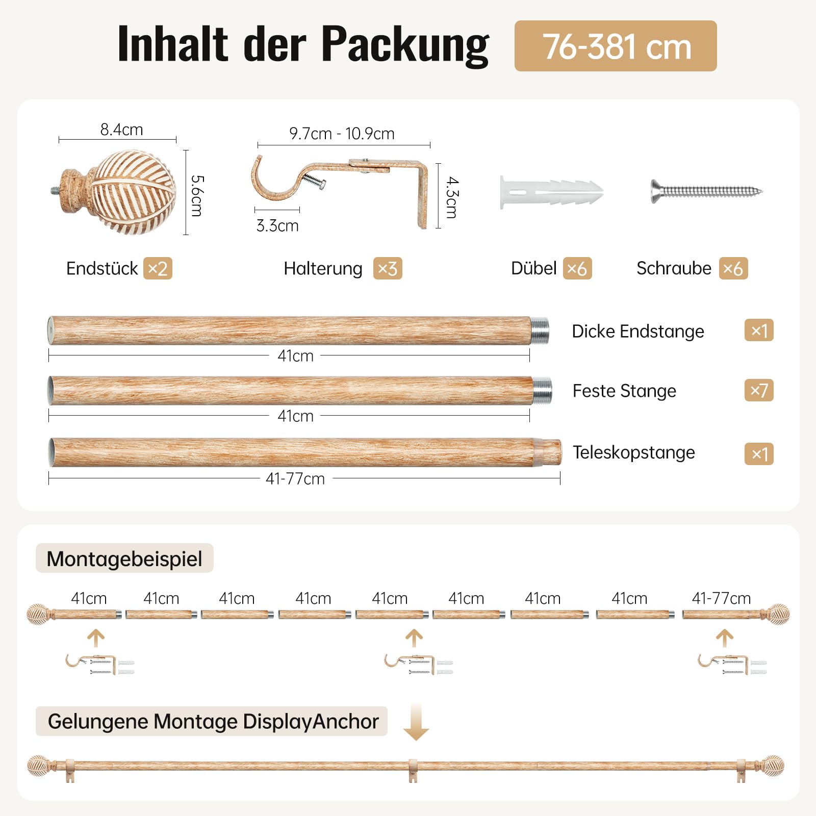 Asta per Tende Telescopica in Effetto Legno (76-381 cm) – Diametro 25 mm, Montaggio a Parete/Soffitto, Ideale per Camera da Letto, Balcone o Soggiorno – Marrone