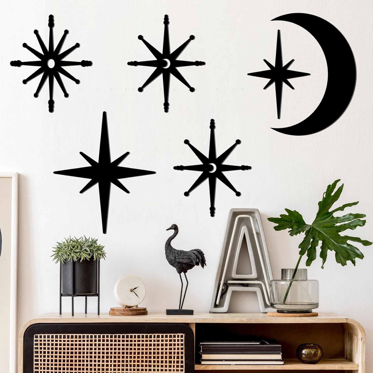 6 PCS Large Iron Star Wall Decor Mid Century Modern Decor Vintage Black Metal Wall Art Starburst Art Sign Atomic Star Moon Wall Hanging for Home Indoor Outdoor Art Accents for Door Living Room Bedroom