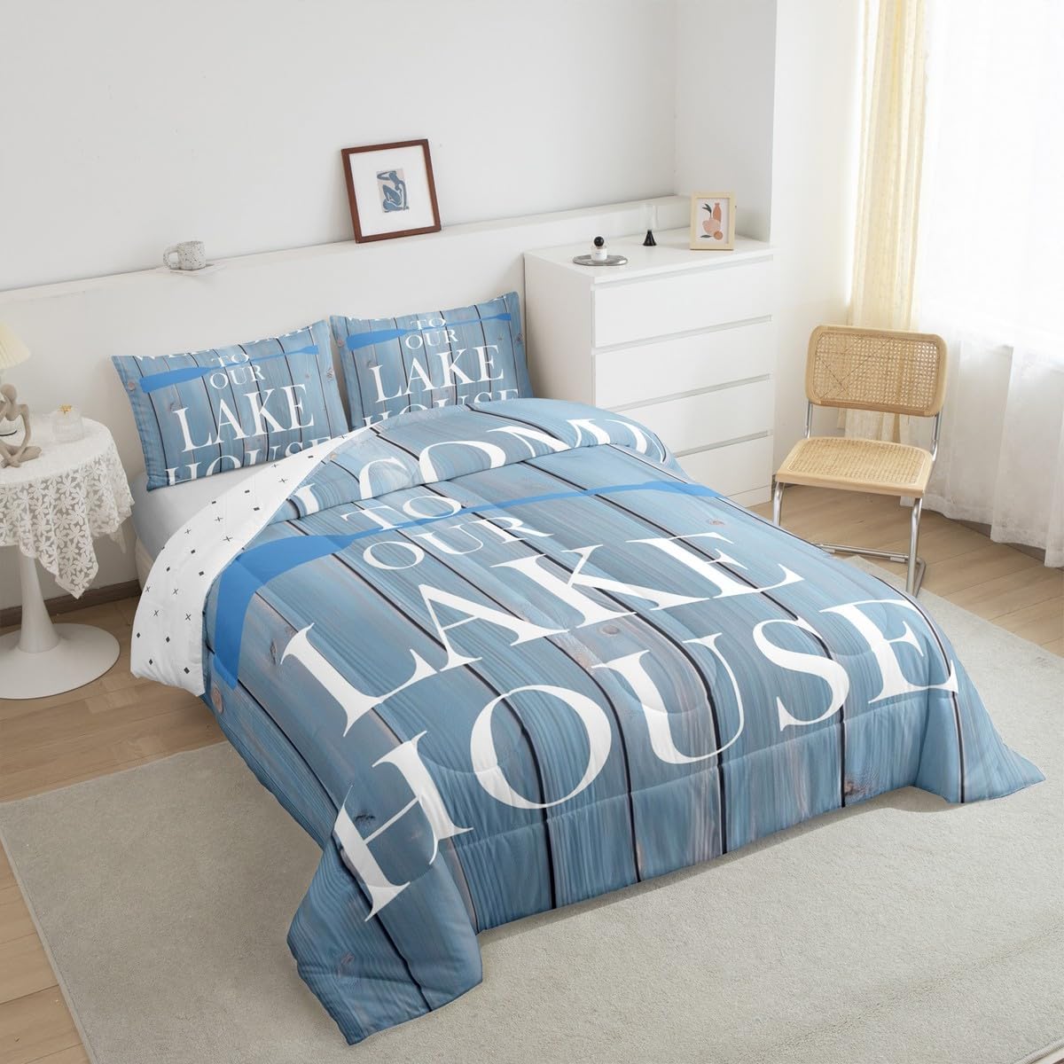 Lake House Comforter Set Twin Size, Cabin Rustic Farmhouse Style Bedding Set 2pcs, Blue Wooden Plank Lake Themed Down Comforter for All Season, Kids Boys Girls Room Decor, 1 Pillowcase, No Sheets