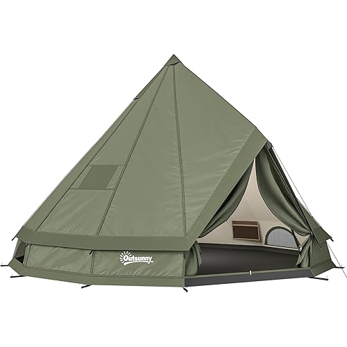 Outsunny Teepee Tent, Waterproof Camping Tent with Detachable Stove Jack, Ground Sheet and Carry Bag, for 4-6 People Outdoor Camping Hiking, Army Green