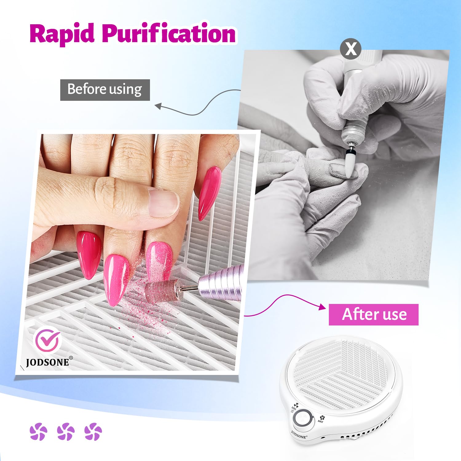 JODSONE Odpylacz do paznokci kompaktowy wentylator próżniowy wydajne odkurzanie okrągły odkurzacz do paznokci niezbędny do manicure