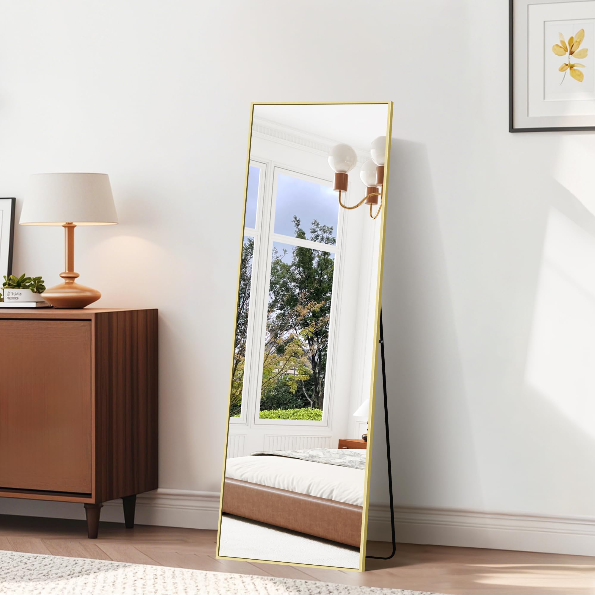 BONEWEI Spiegel in volledige lengte, 147 x 44 cm, rechthoekige staande spiegel met goudkleurig aluminium frame, grote staande spiegel om op te hangen of tegen de muur te zetten, voor slaapkamer