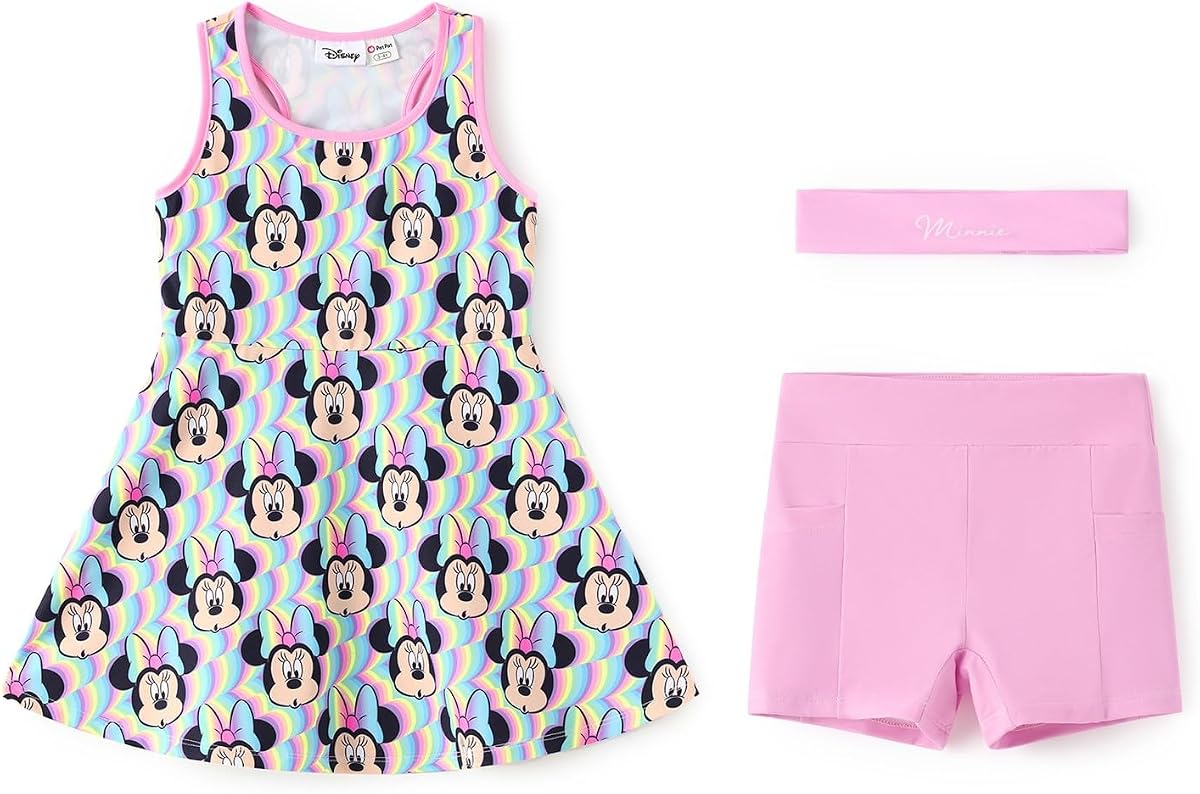 Disney Frozen Elsa Princess Stitch Minnie Vestido de tenis para niñas, traje de golf sin mangas con pantalones cortos, bolsillo y diadema, 2-9 años