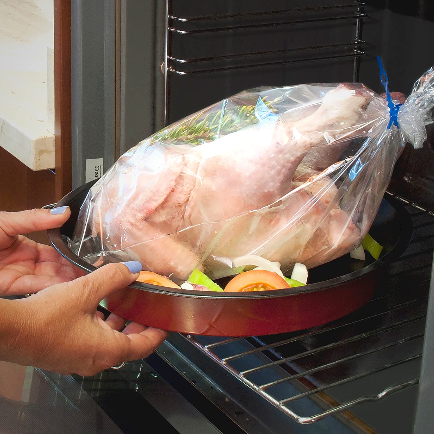 Bayeco - Maxibolsa de Asar - Sistema de cierre fácil y rápido - Compatible con Horno, Microondas y Congelador - Color transparente - Tamaño 35 x 43 cm - Pack 5 unidades