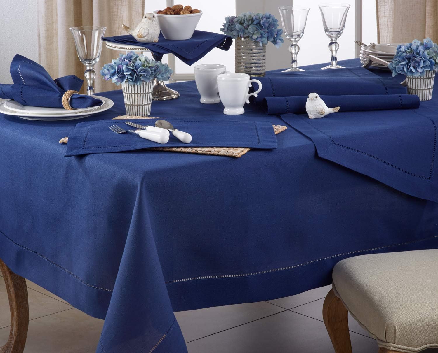 Fennco Styles Rochester Collection Classic Hemstitched Border 16 x 90 Inch Solid Color Table Runner - Navy Blue Table Runner for Dining Table, Banquets, Wedding Décor and Home Everyday Use