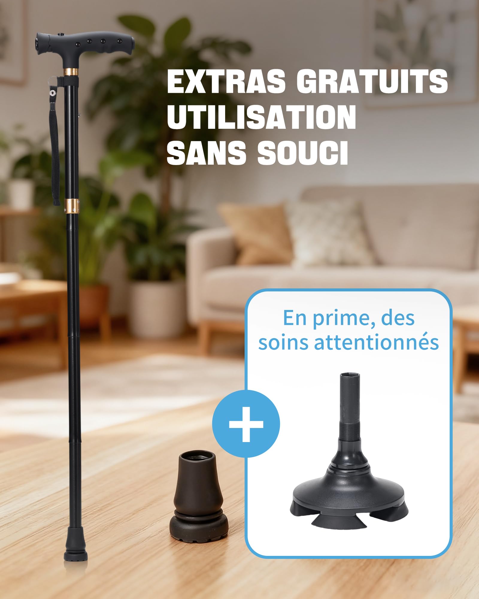 Sinocare Canne de Marche Pliable, Canne Légère et Portable avec | Base Pivotante 360° Poignée en T, Résistant 115kg, Réglable 85-95cm LED pour Adultes et Seniors