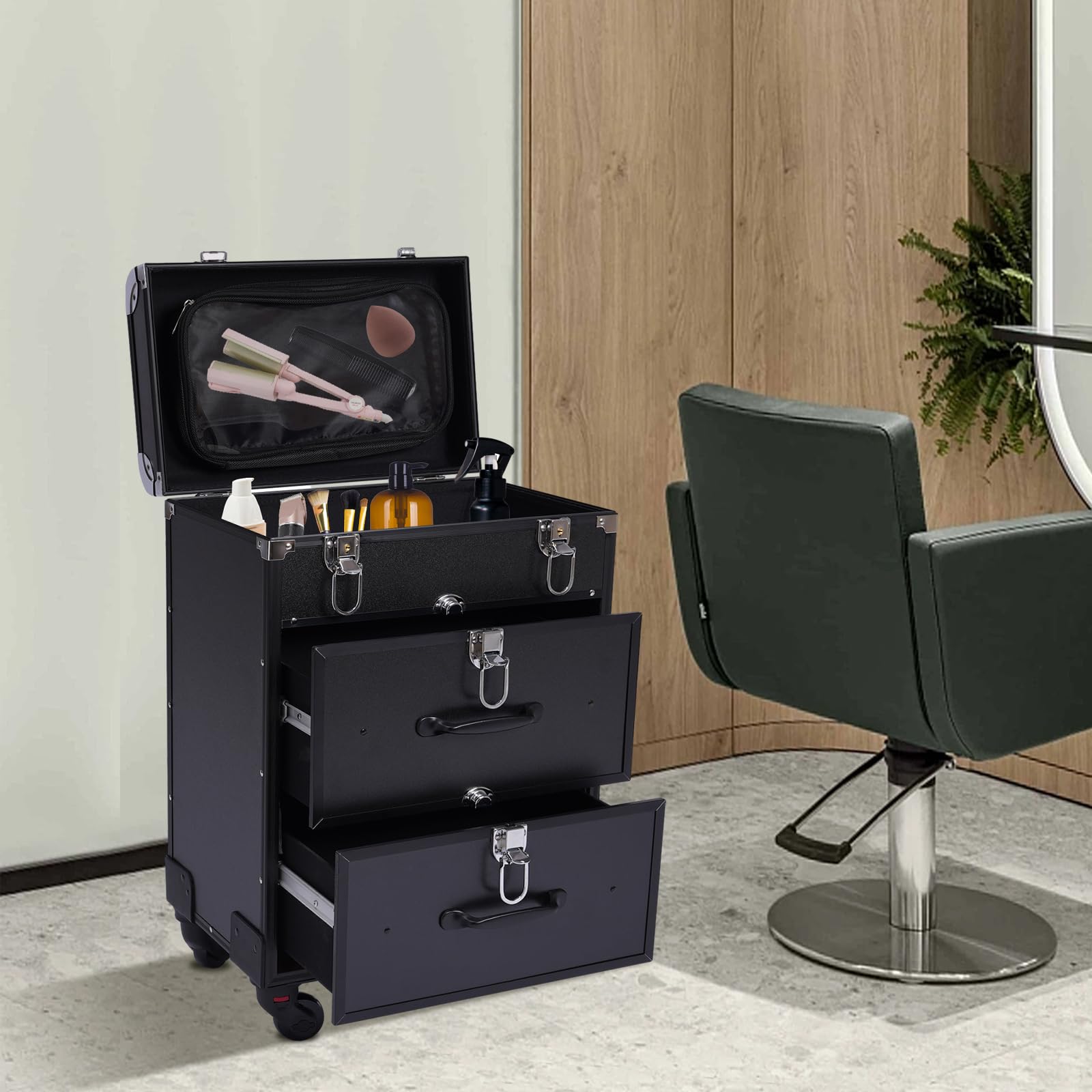 Valise de maquillage professionnelle à roulettes - Tiroirs et serrure - Grande - Pivotant à 360° - 36 x 23 x 58 cm - Noir