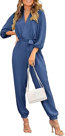 PRETTYGARDEN Women's Fall Jumpsuits Dressy Casual Pants Romper Spring Long Sleeve V Neck Belt Pockets One Piece Outfits