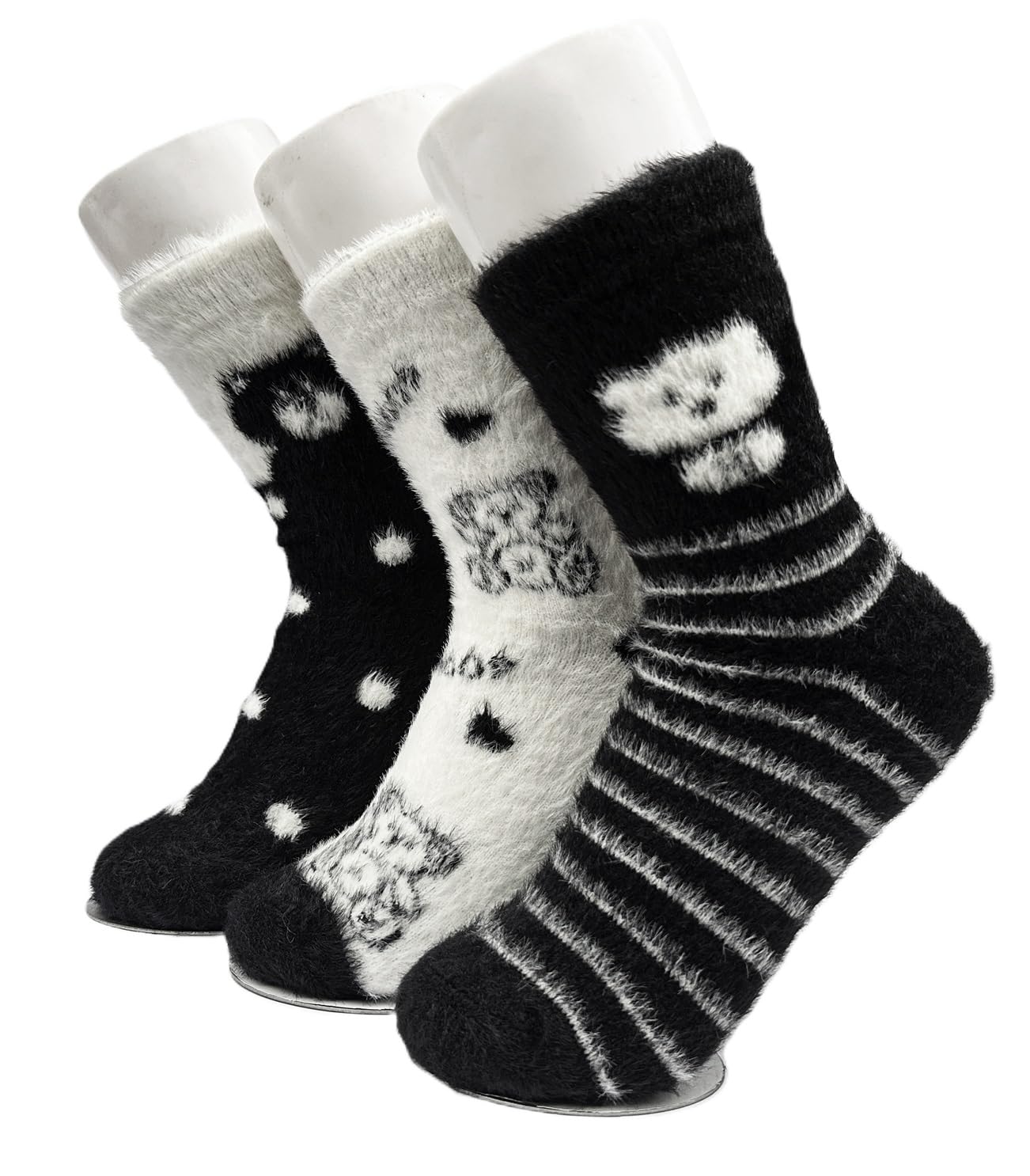 alexvyan 3 Pair Fur Socks Soft & Cozy Solid Fur Winter Woolen Thick Warm Fur Lined Stretchy Elastic Socks (Without Thumb) for Girls/Ladies/Women (Black & White)-picture-32
