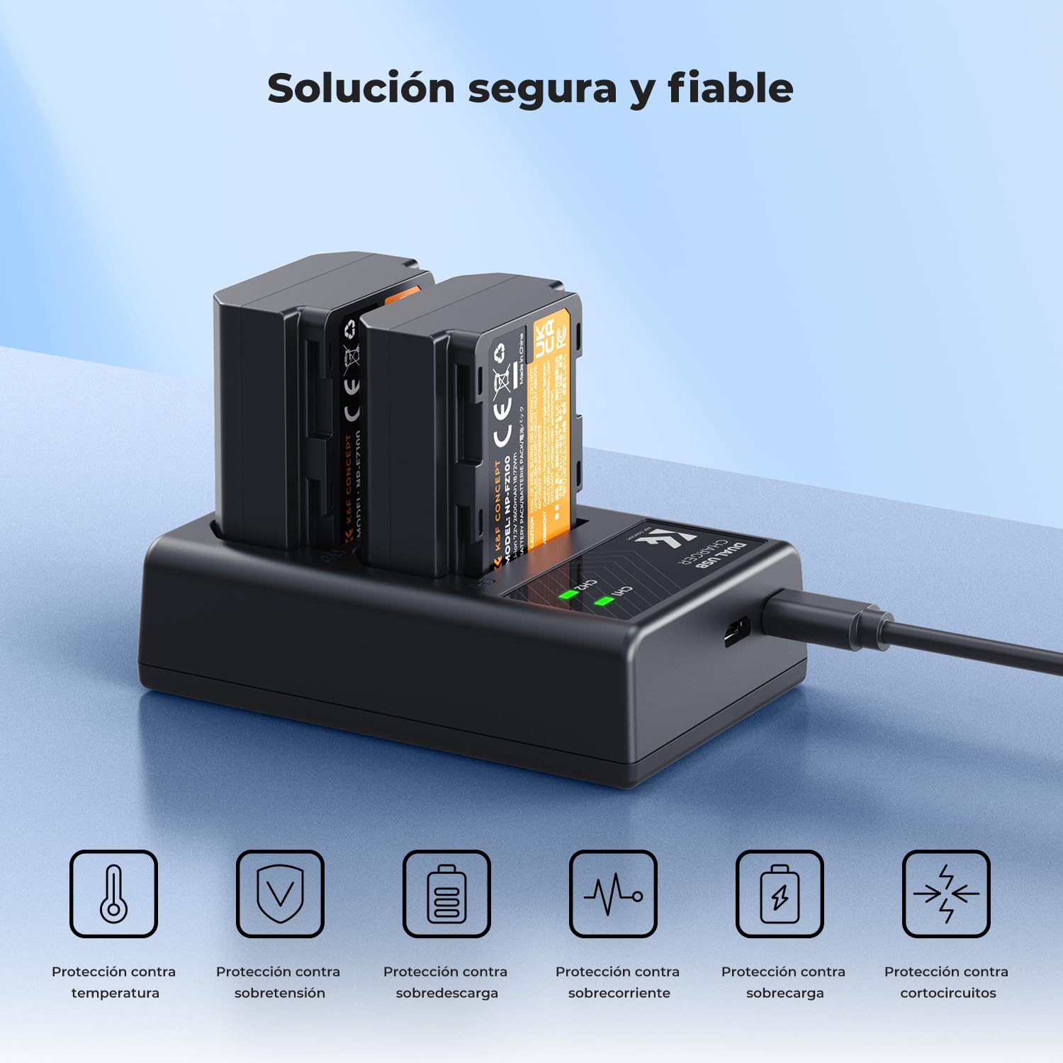 K&F Concept NP-FZ100 2 Pack 2280mAh Batería y Cargador Compatible con Cámara Sony Sony A7iii, A7iv, fx3, fx30, A6700, A7R, A9, A6600, A7Riii, A7Riv, A7R3, A7C, ZV-E1, ZV-E10ii, A7S3, A9R y más