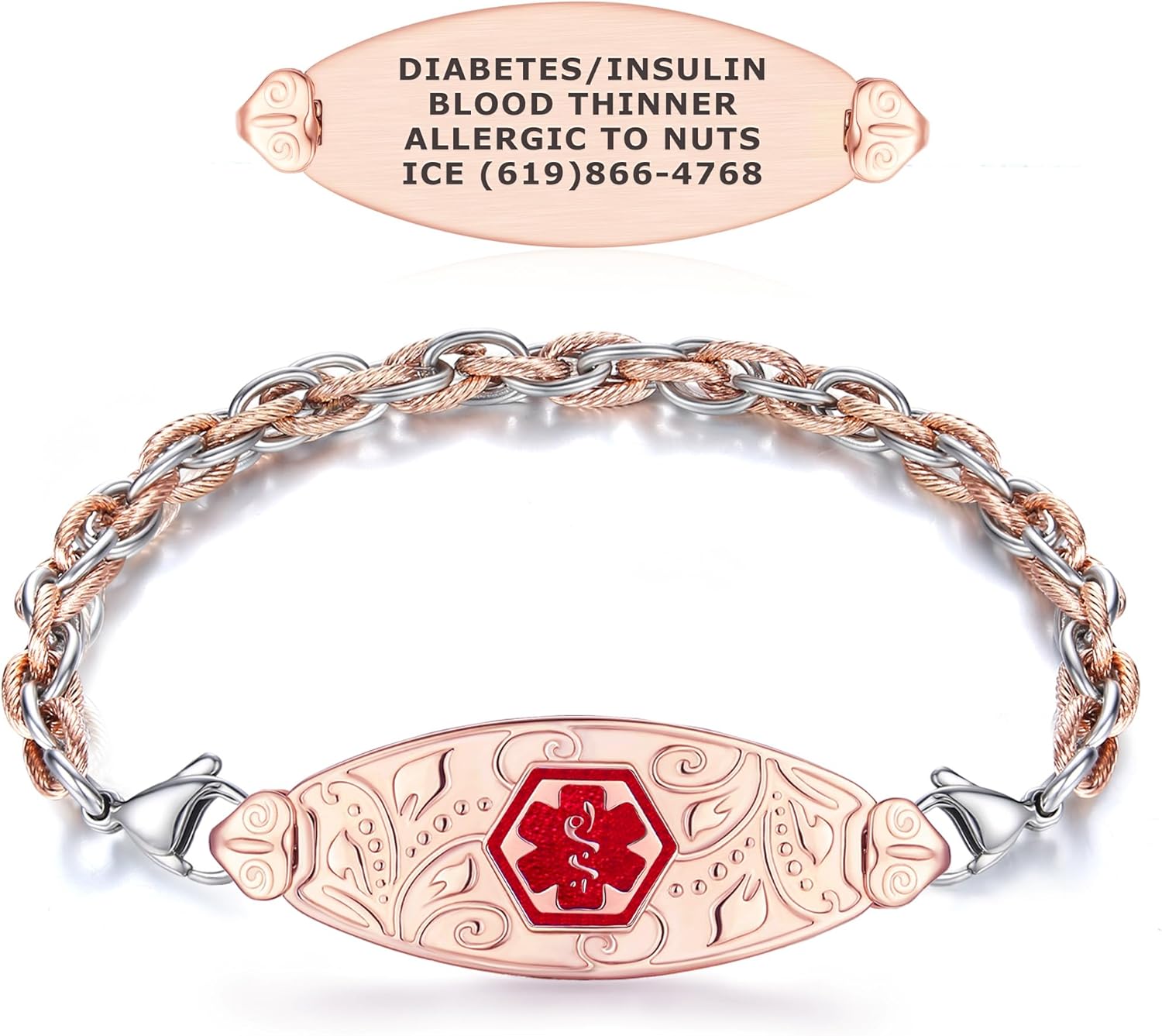 Divoti Custom Engraved Medical Alert Bracelet for Women | Filigree Medical ID Bracelet| Mesh Chain with Lobster Claw | Durable, Hypoallergenic & Stainless Steel-PVD Rose Gold