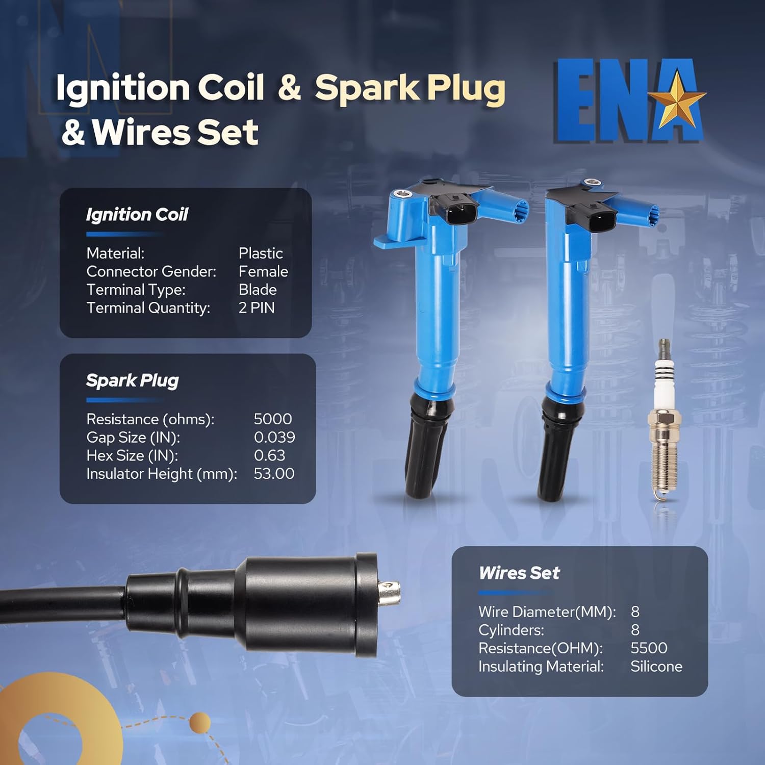 ENA Set of 8 Blue Ignition Coil with 16 Platinum Spark Plug and Wire Set Compatible with Ford F150 F250 F350 E350 Super Duty 2010 2011 2012 2013 2014 2015 2016 2017 V8 6.2L Replacement for UF631 UF639