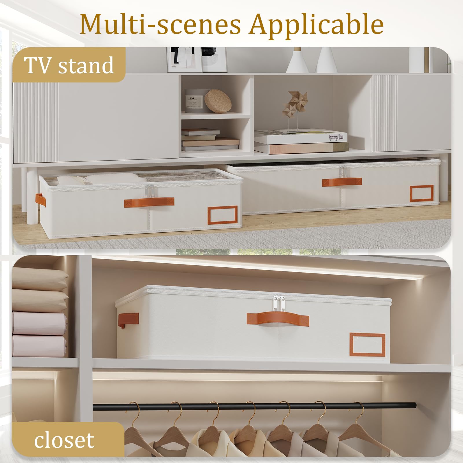 Yawinhe 3 Stück Unterbettkommode, Unterbett-Aufbewahrungstasche Kleideraufbewahrung, Faltbare Aufbewahrung Kleidung mit Klarem Fenster Für Bettdecken, Decken, Steppdecken, 60x30x15cm, Beige