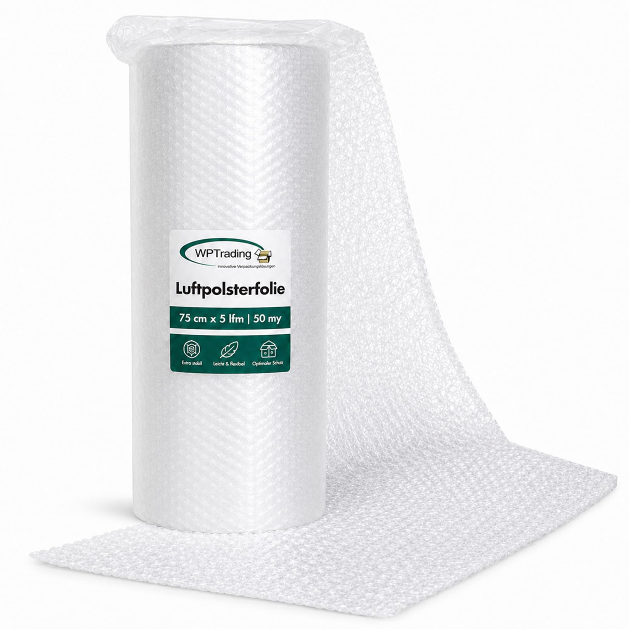 9 x Rolle Luftpolsterfolie 75 cm x 5 m (2-lagige mit 50 my) - Noppenfolie 75cm breit mit Noppenhöhe 5 mm - Stoßdämpfende Verpackungsfolie reißfest & transparent für Versand & Umzug
