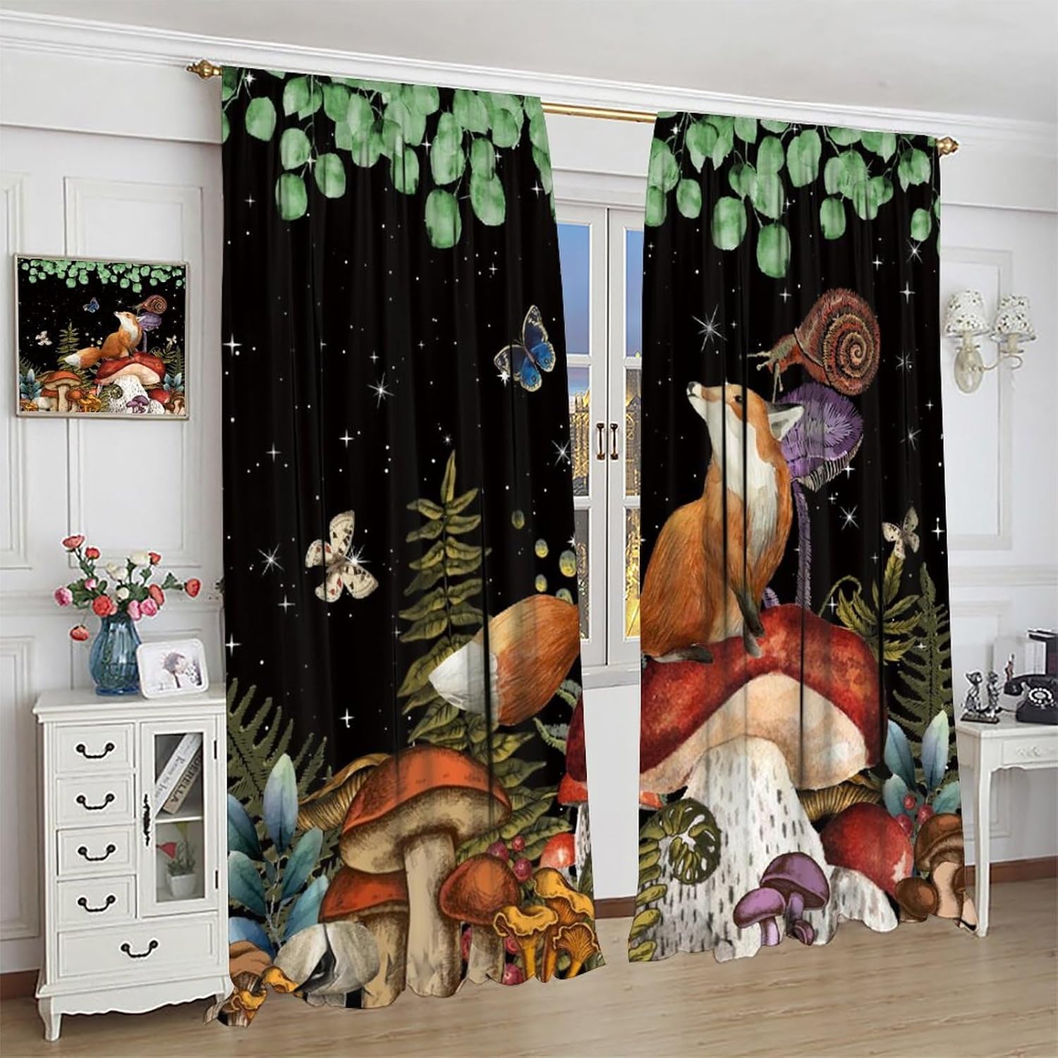 Retro Woodland Animals Fox Blackout Curtains for Living Room,Fantasy Galaxy Forest Mushroom Eucalyptus Butterfly Room Darkening Window Curtains with Rod Pocket - 2 Panels 45" L x 21" W