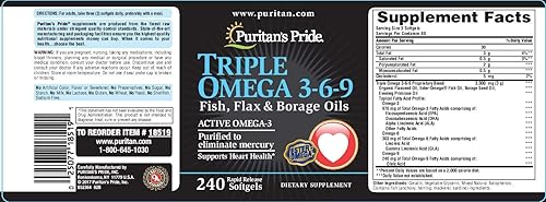 Miniatura 2 de Aceite de pescado triple Omega 3-6-9 lino y borraja apoya la salud del corazón y las articulaciones saludables 240 unidades por Puritans Pride