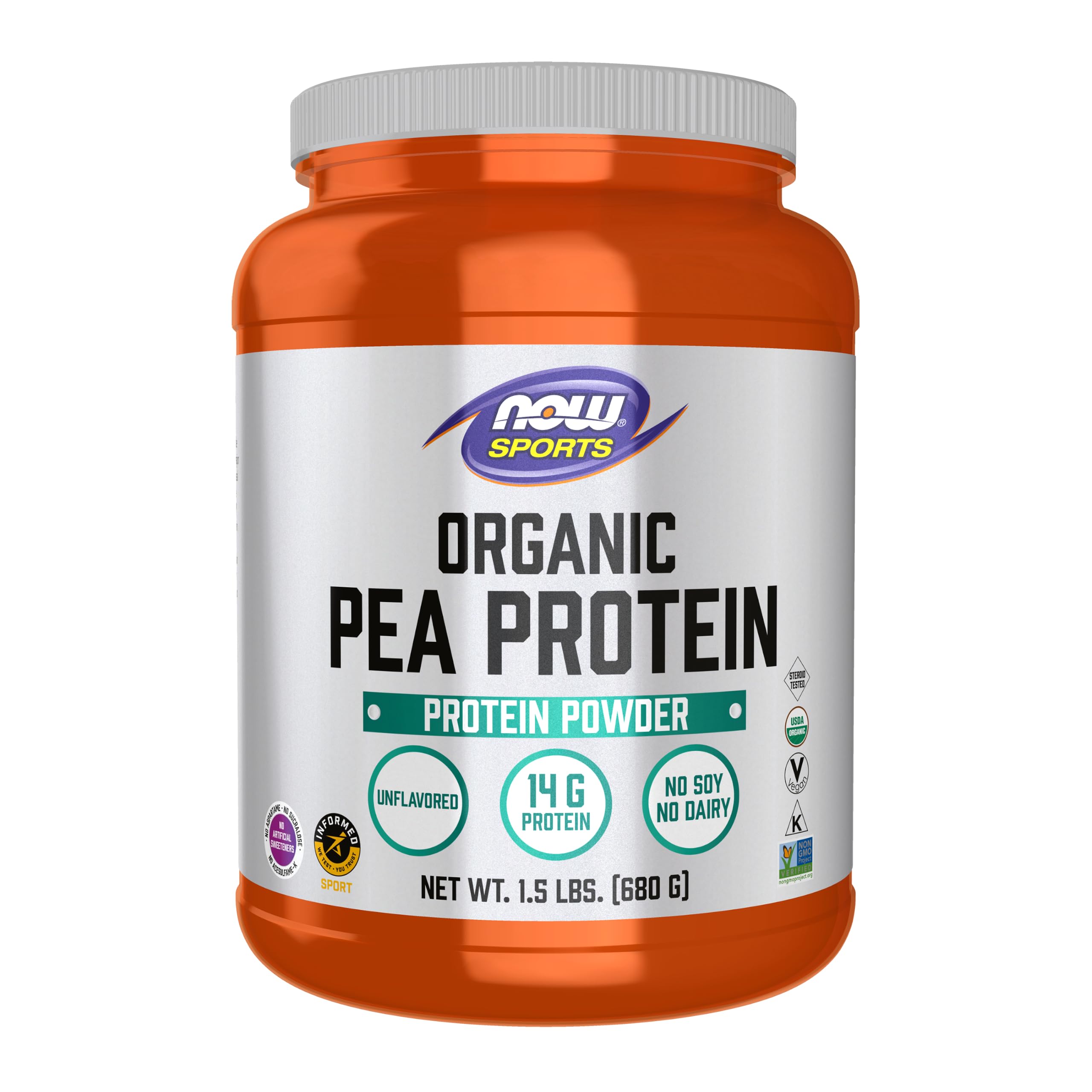 NOW Sports, Certified Organic Pea Protein 14g, Unflavored Powder, 1.5 lbs 1.5 Pound (Pack of 1) Unflavored