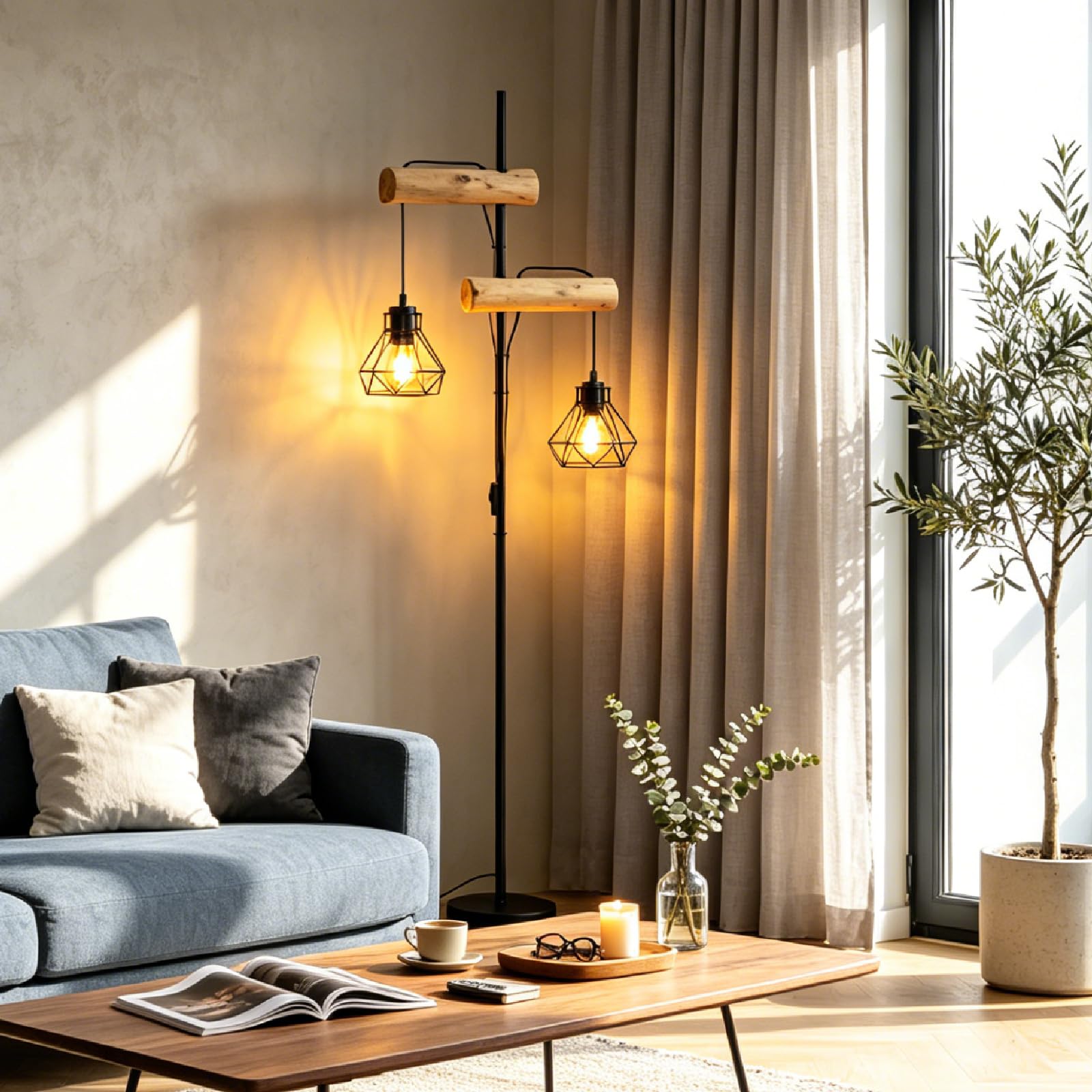 Lampada da Terra Industriale, Design Vintage, Legno Naturale e Metallo Nero, Paralume Geometrico, Interruttori Indipendenti, per Salotto e Camera(senza lampadine)