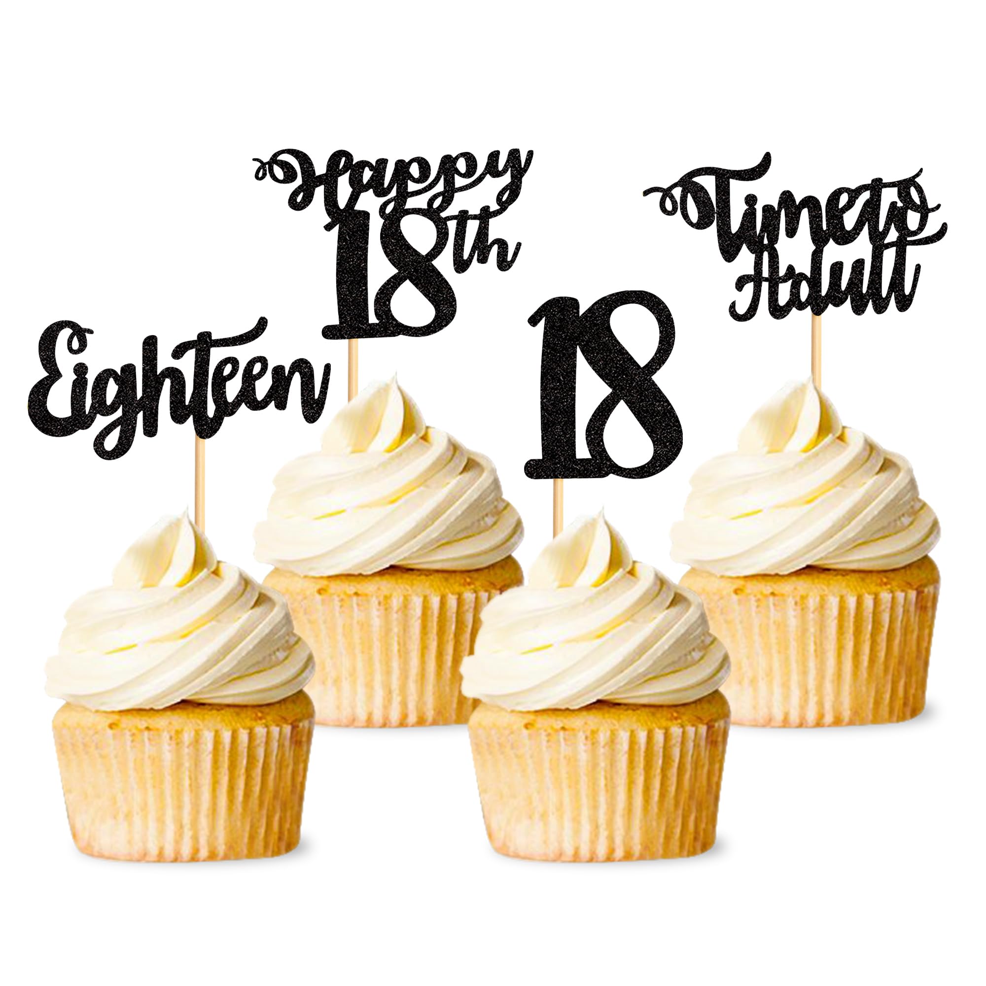 24 Pcs 18th Birthday Cupcake Toppers - Happy 18th Cupcake Picks - Time to Adult - Eighteen Years Old Cake Decorations - Black Glitter
