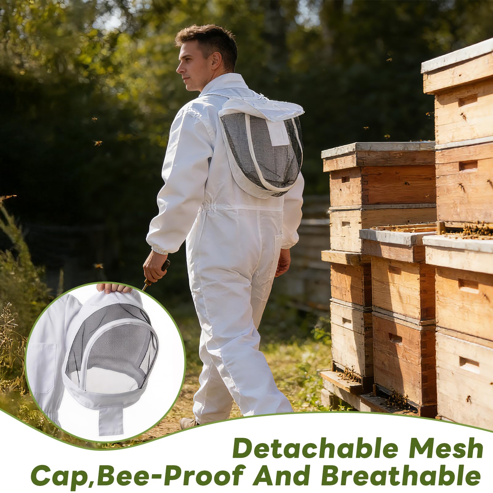 Traje de apicultura, traje de protección de cuerpo completo, ropa protectora con velo, capucha, guantes, traje de abejas para el jardín y suministros de apicultura (XL)