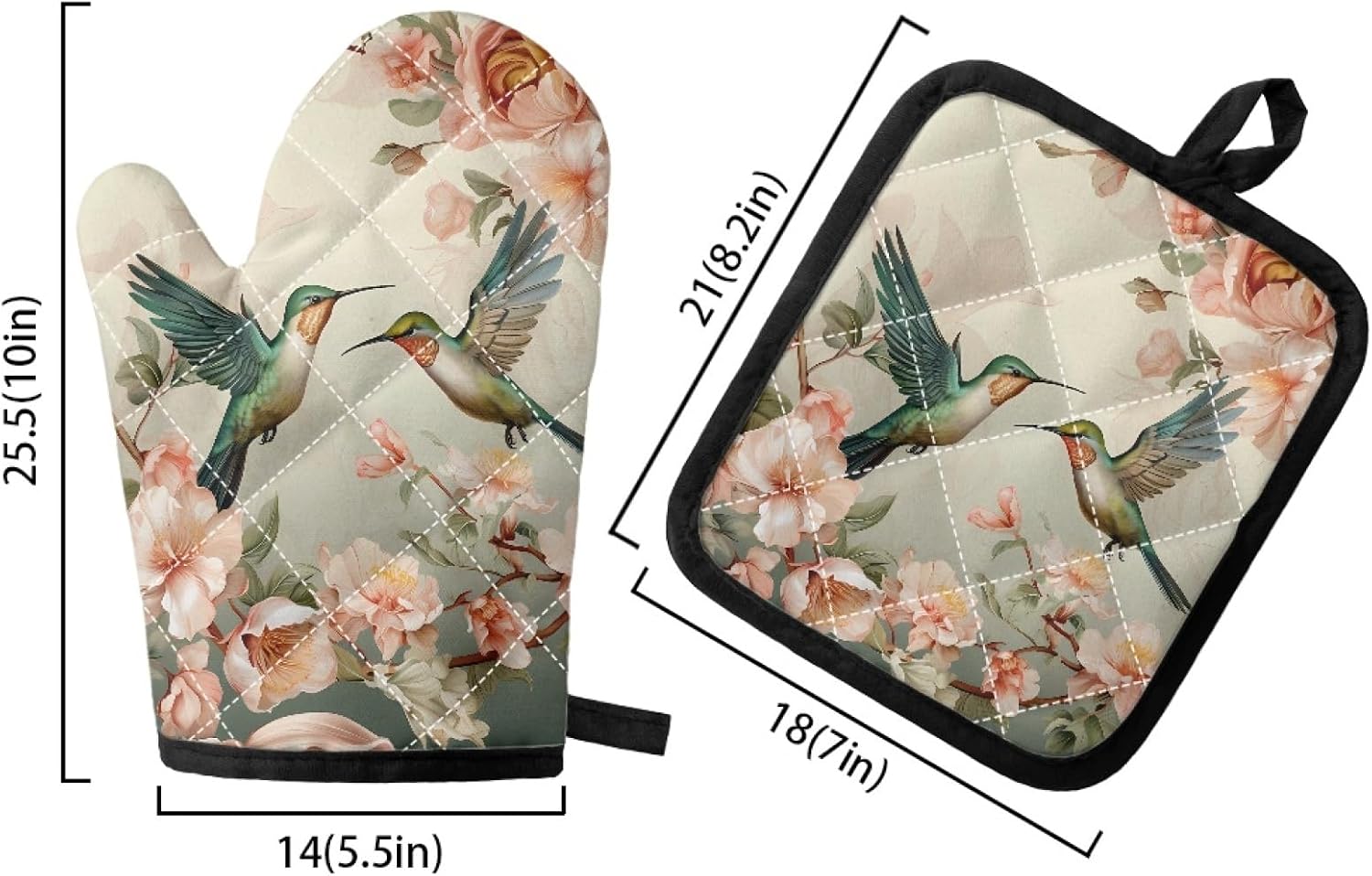 UNICEU Hummingbird Oven Mitts and Pot Holders Set of 4, Vintage Floral Hummingbird Non Slip Kitchen Glove Heat Resistant Hot Pads for Baking Cooking Grilling
