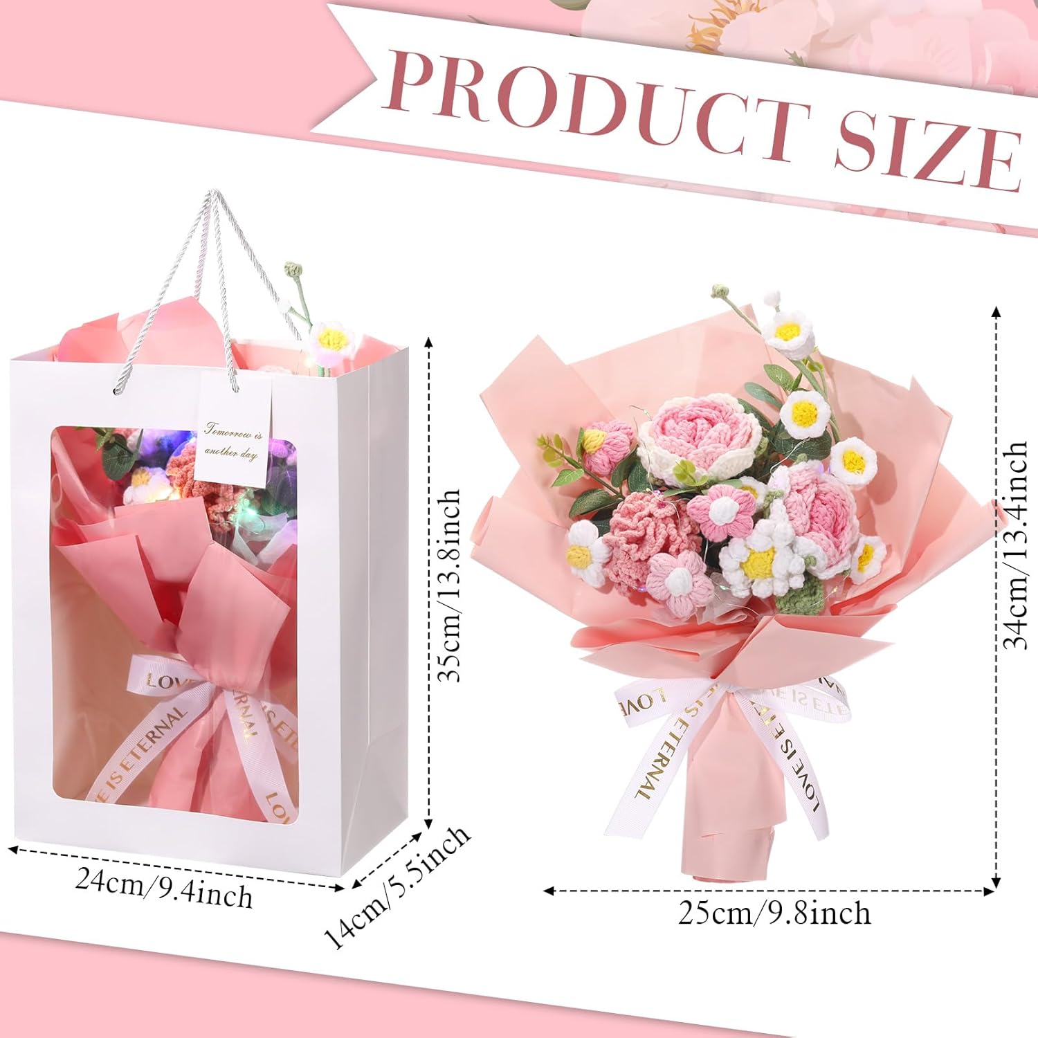 Crochet Flowers Bouquet Graduation Gift for Women Completed Handmade Knitted Flowers with LED Lights Rose Tulips Sunflower Bouquet for Valentine Birthday Graduation Wedding Home(Rose)