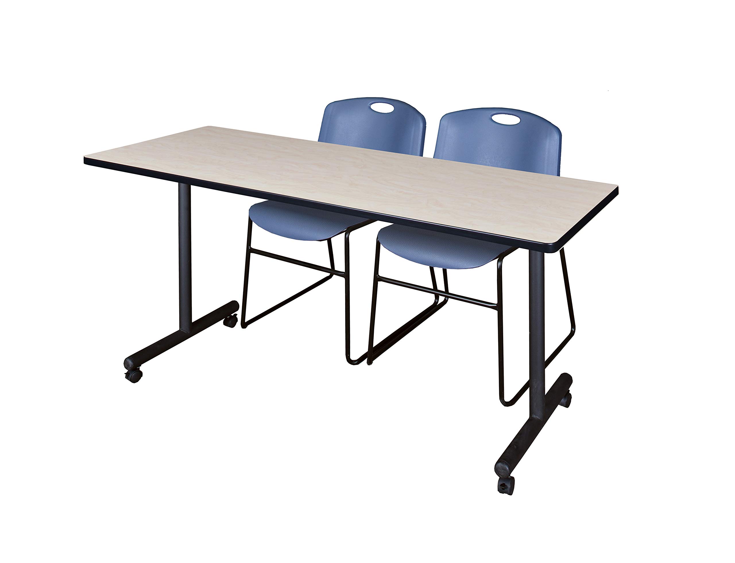Regency Kobe 72 x 24 in. Mobile T-Base Training Table- Maple, 2 Zeng Stack Chairs- Blue