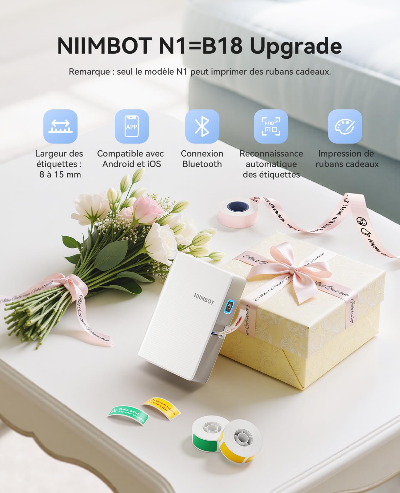 NIIMBOT B18/N1 étiqueteuse, Ruban imprimante d'étiquettes avec Ruban Noir et étiquettes Blanches, Supporte l'impression Multicolore