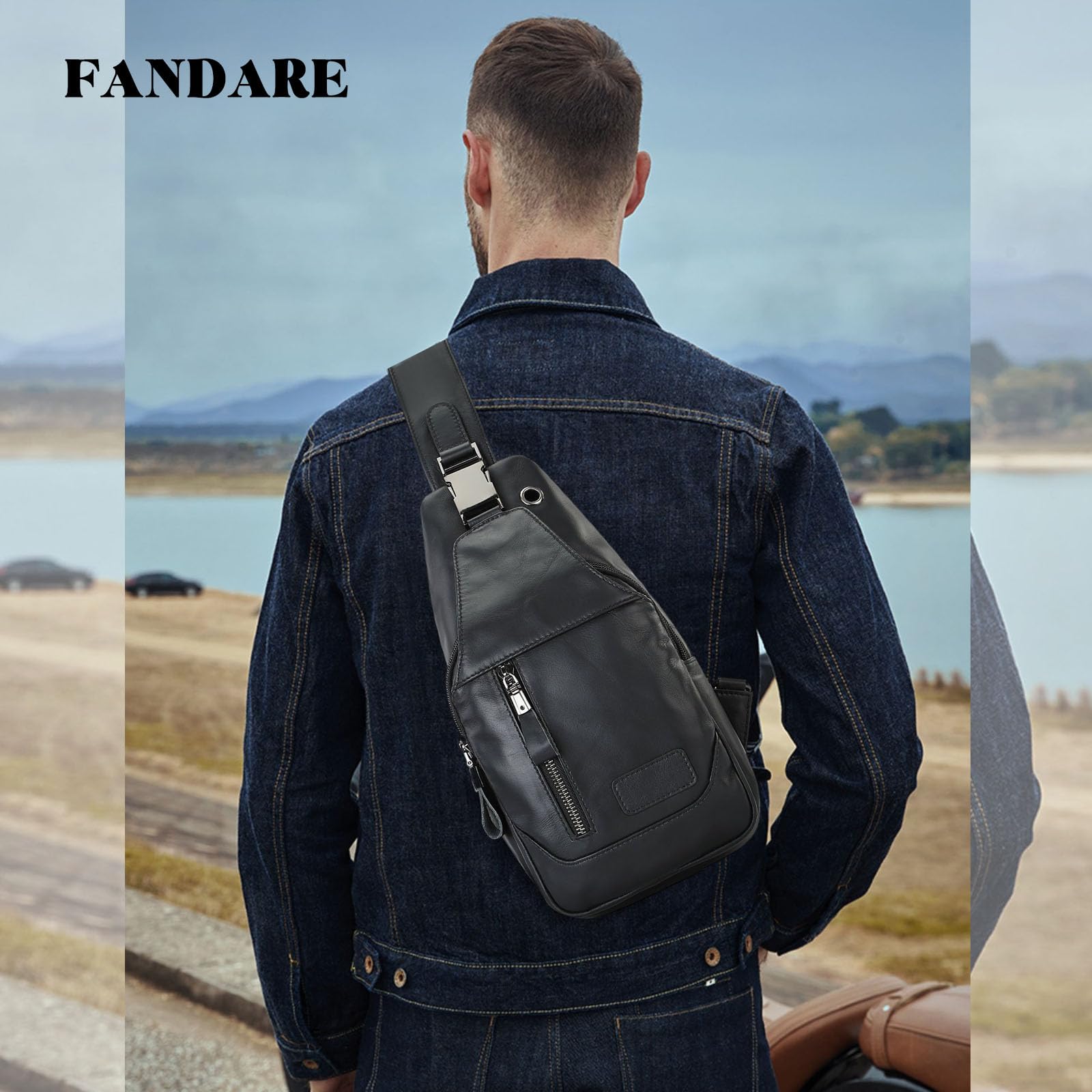 FANDARE Retro Brusttasche Herren Schultertasche Leder Herrentasche Umhängetasche Bodybag Brustbeutel Sling Chest Bag Crossbody Pack Geschäft Tagesrucksäcke für Freien Reisen Wandern Joggen Schwarz