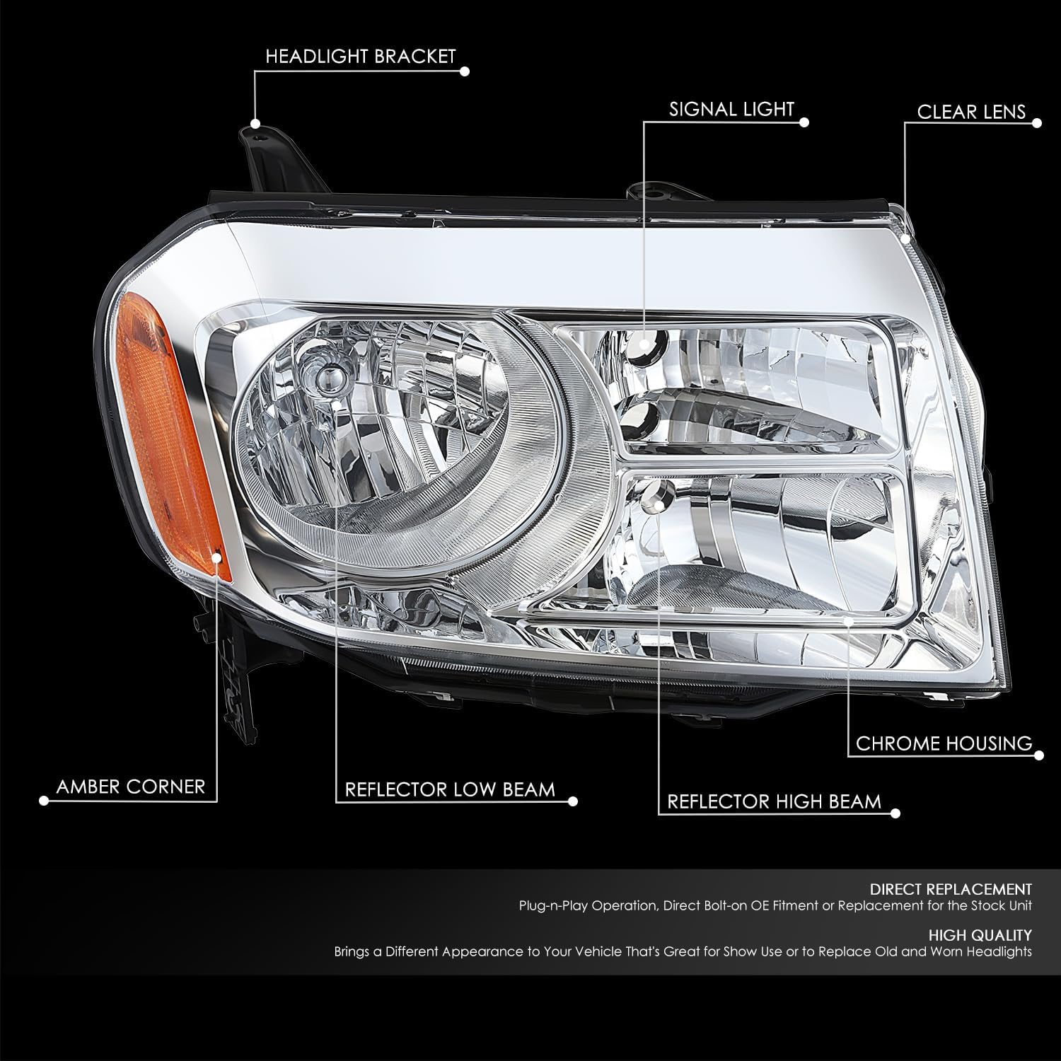 DNA MOTORING Right OE Style Headlight Compatible with 2012-2015 Honda Pilot, OEM-HL-0210-R