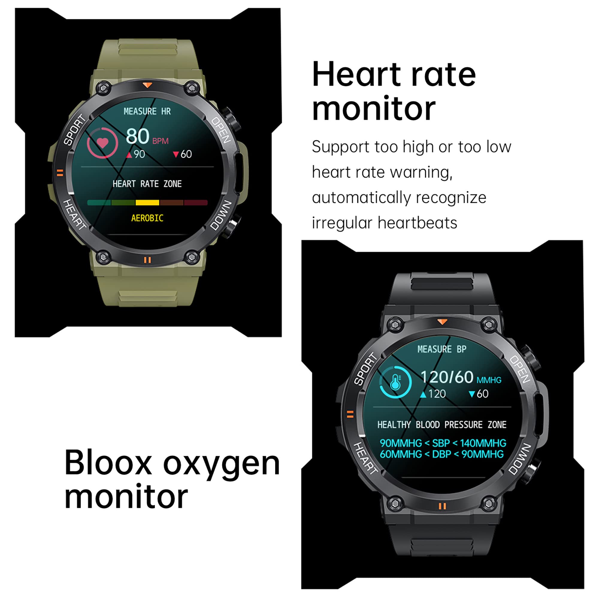 Militär Uhr Smartwatch Blutdruck Herren Armbanduhr Smartwatches mit Telefonfunktion IP68 Wasserdicht Sportuhren Outdoor Tactical Watch Military Schwarz Fitnessuhr für Männer Ios Android Schrittzähler